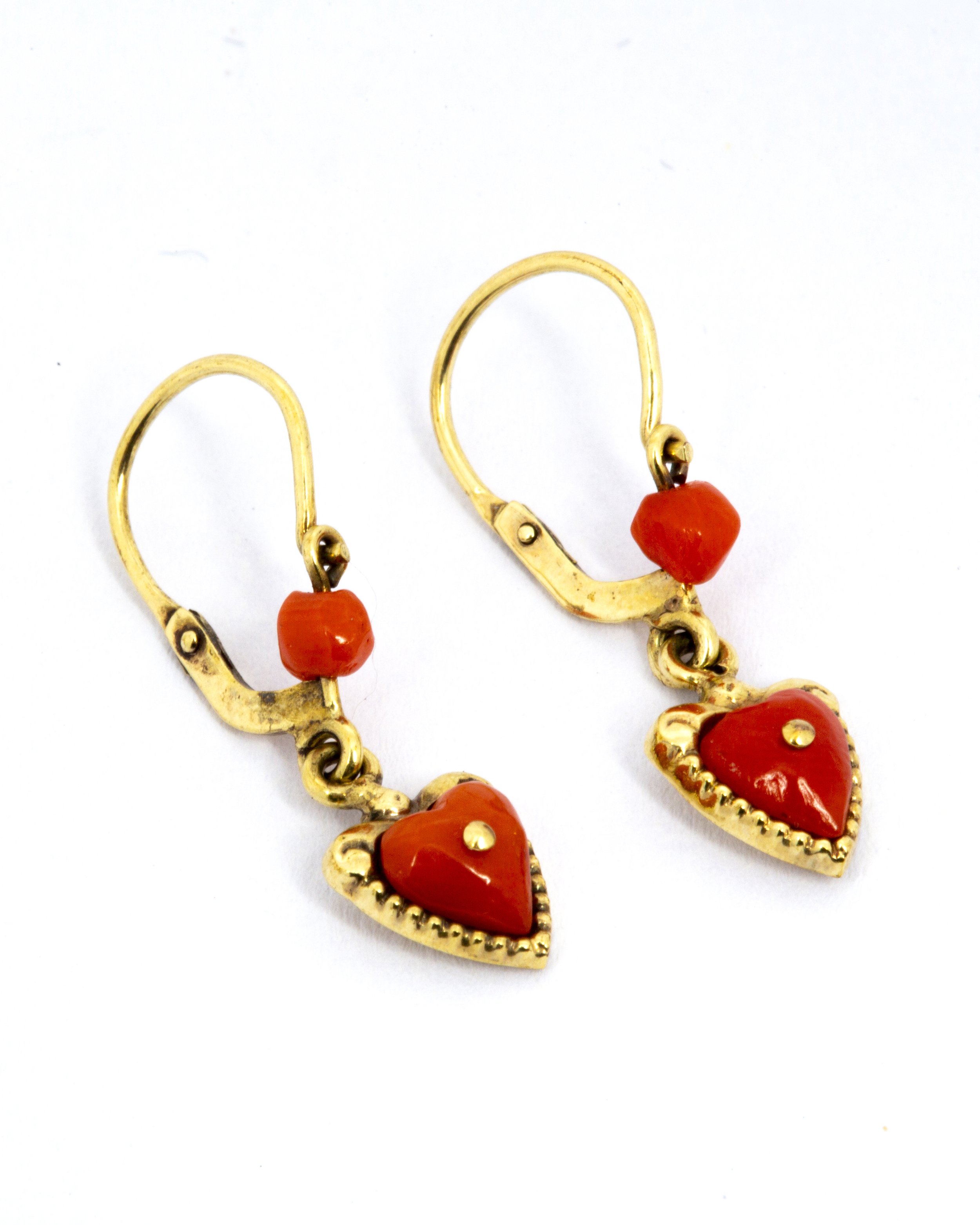 Vintage 8k Gold and Coral Heart Drop Earrings