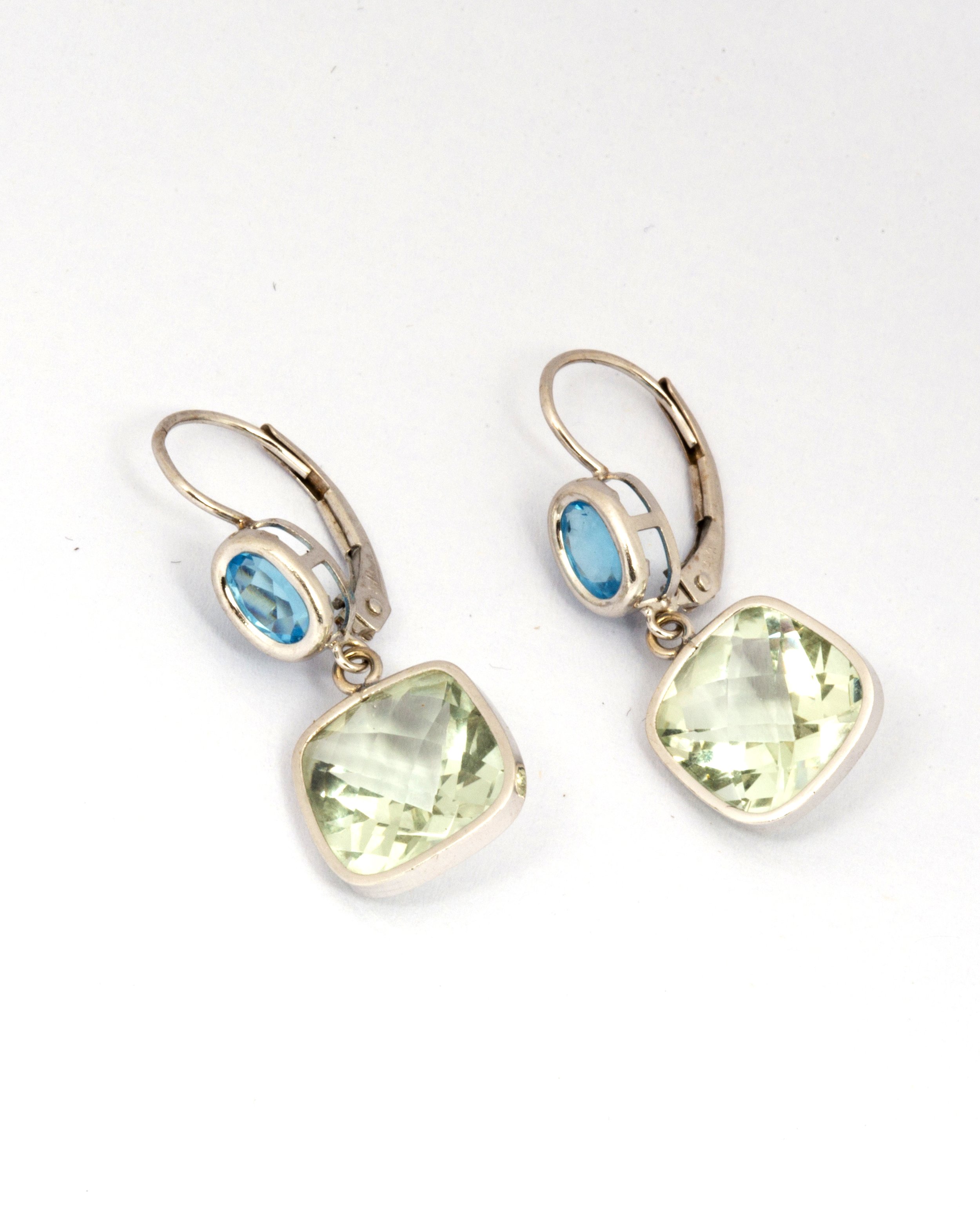 14K White Gold, Topaz and Green Amethyst Drop Earrings