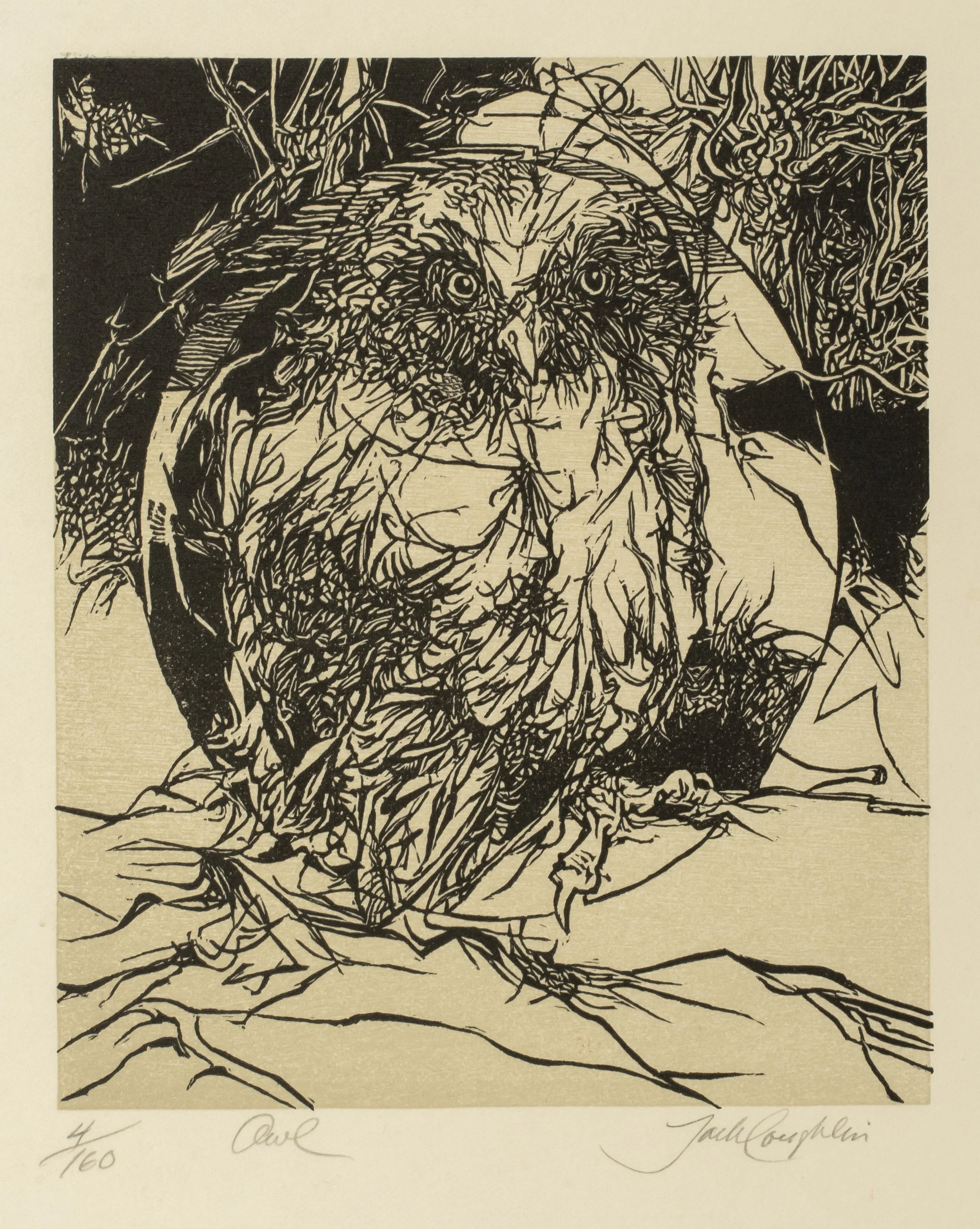 Jack Coughlin (1932-2025) Owl, Woodcut Print, 4/160, 1970's