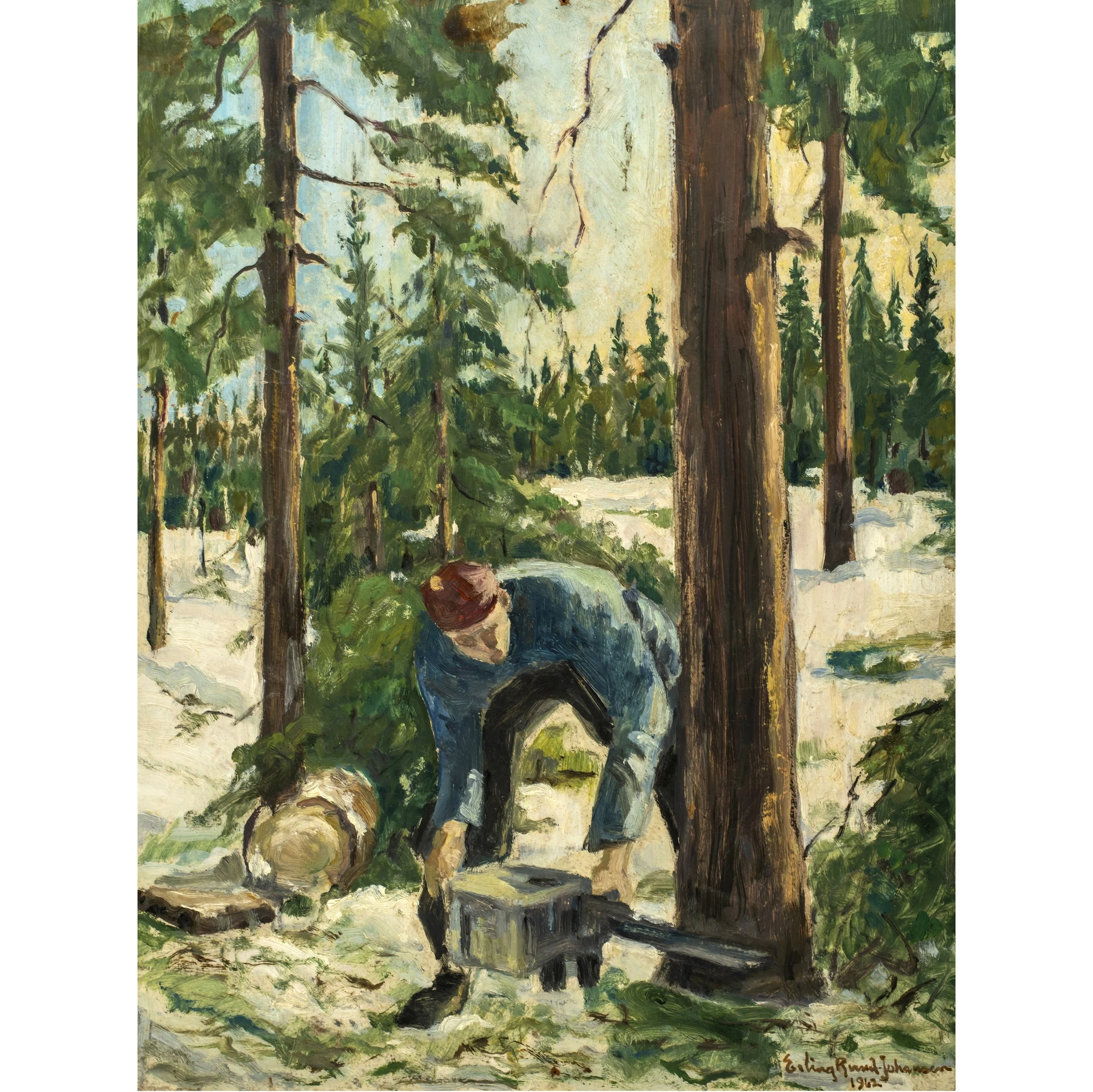 Erling Roland Johansson (1934-2023)  Mid Century Swedish Scene, Felling Trees, 1962