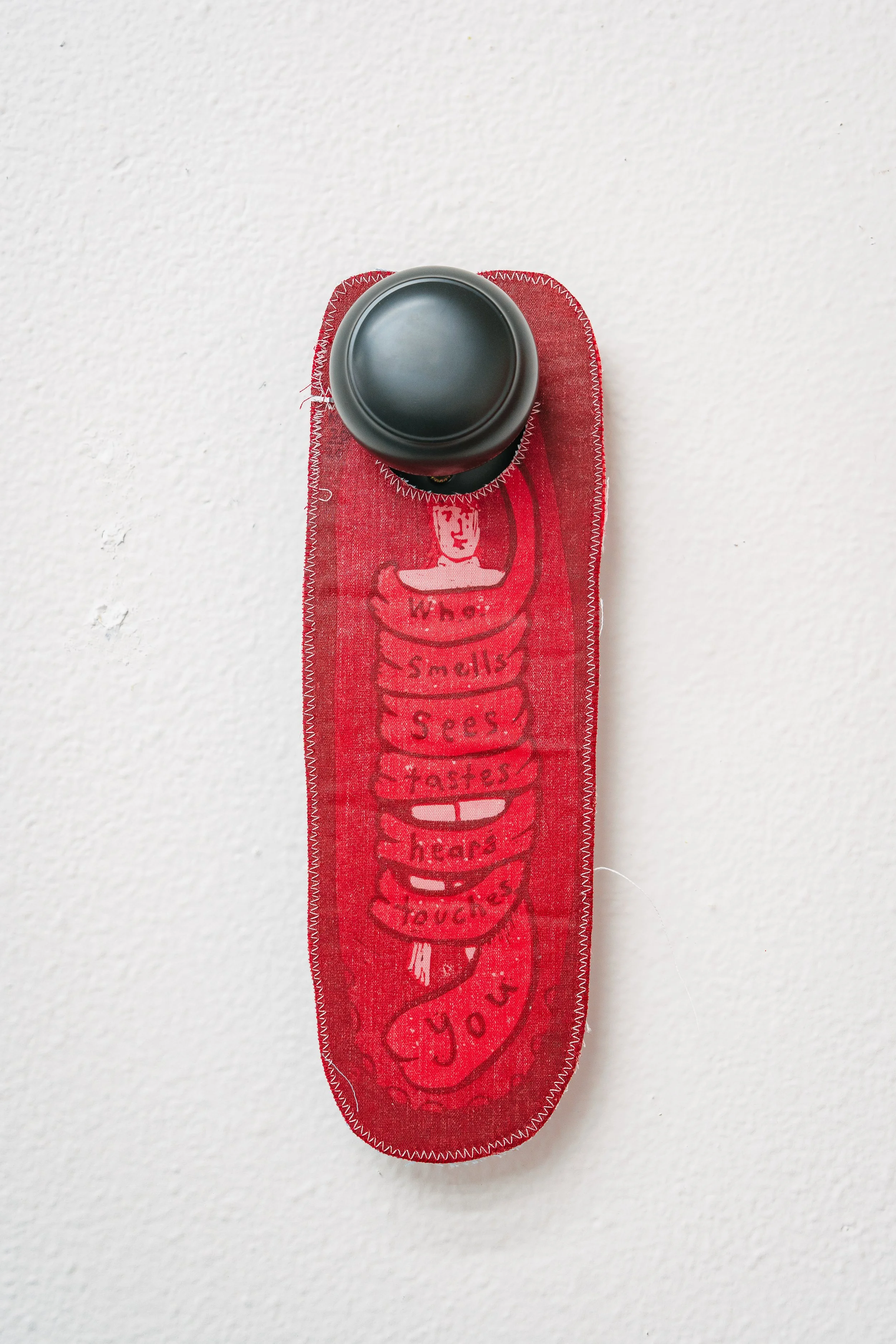 Neb Berry; "Who/What"; screenprint on fabric with stitching (side 2)