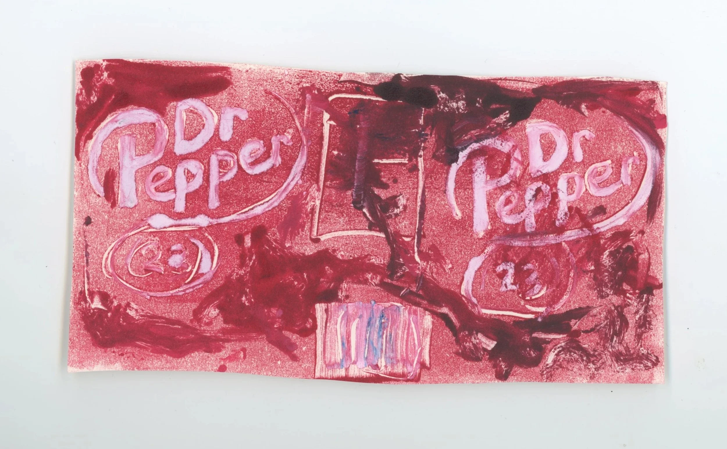 Dr. Pepper 39 (part of installation piece "Collecting); monotype; 2026; 4 x 7 in.