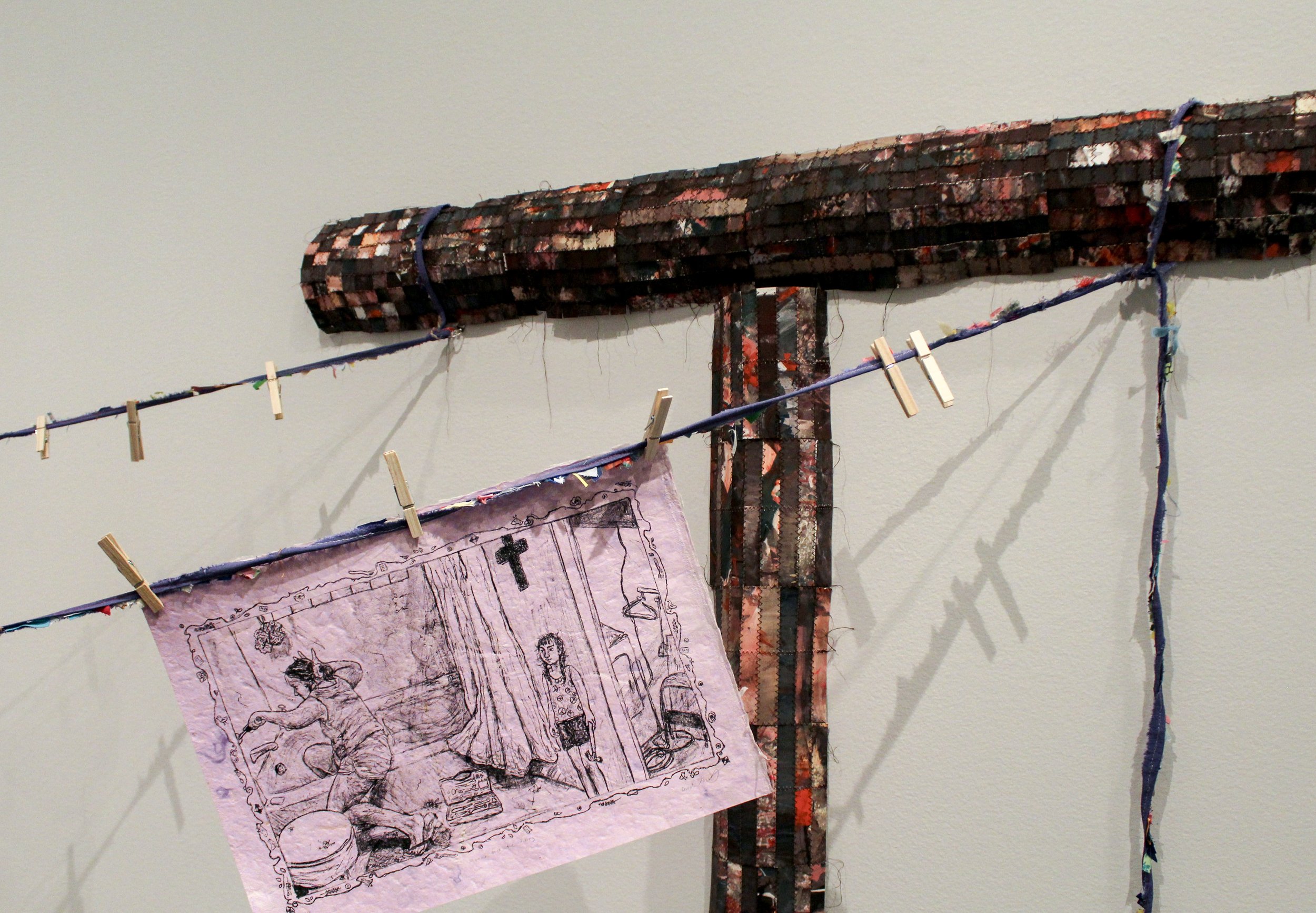 installation view including Momma Does the Fixing; lithograph on dyed paper; 2024