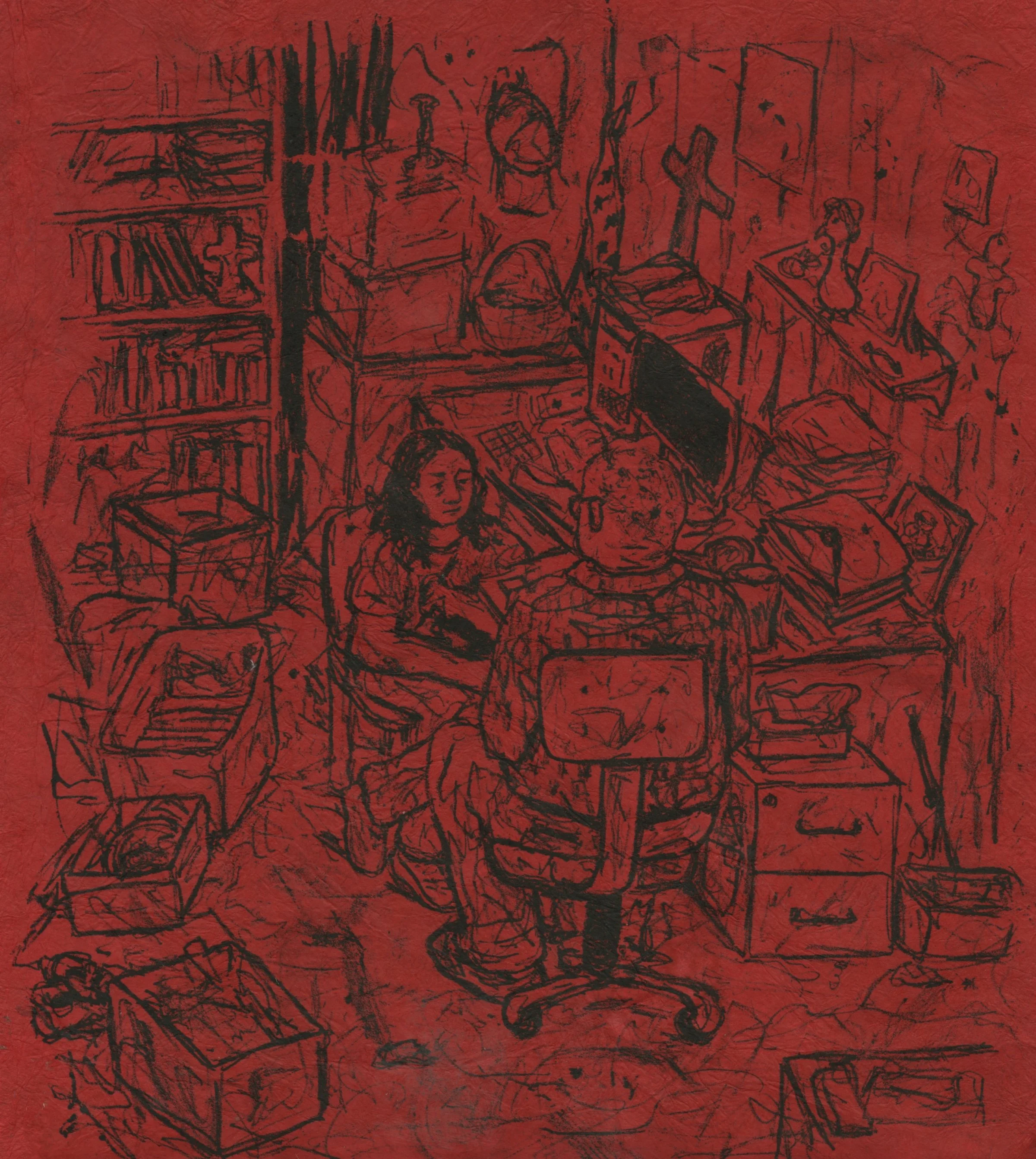 Flies in my Face; lithograph on found handmade paper; 2023; 10 x 12 in.