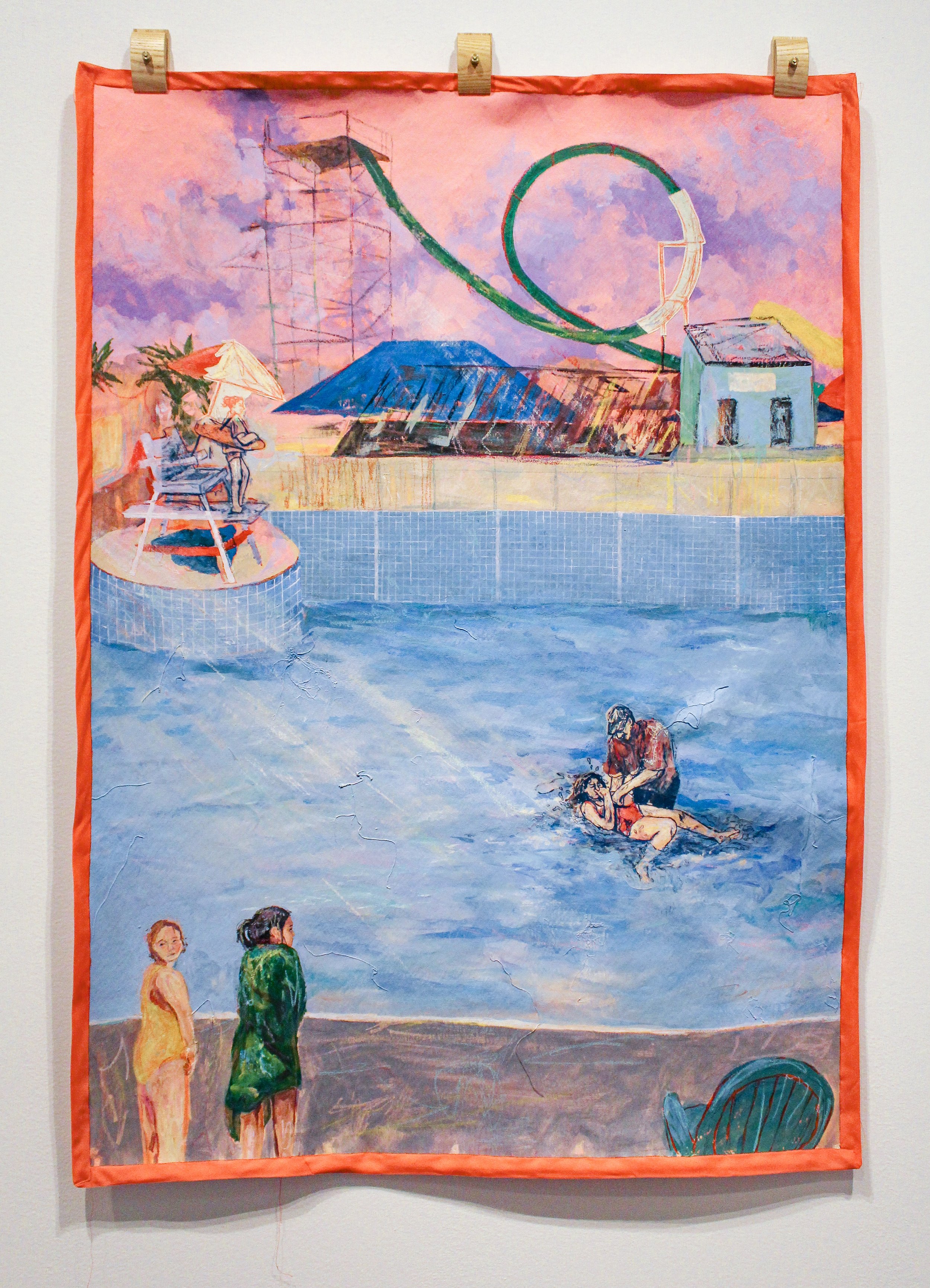 Castaway Cove Baptism; acrylic on canvas with screenprint on plastic and cotton, oil pastels, and quilt binding; 2024