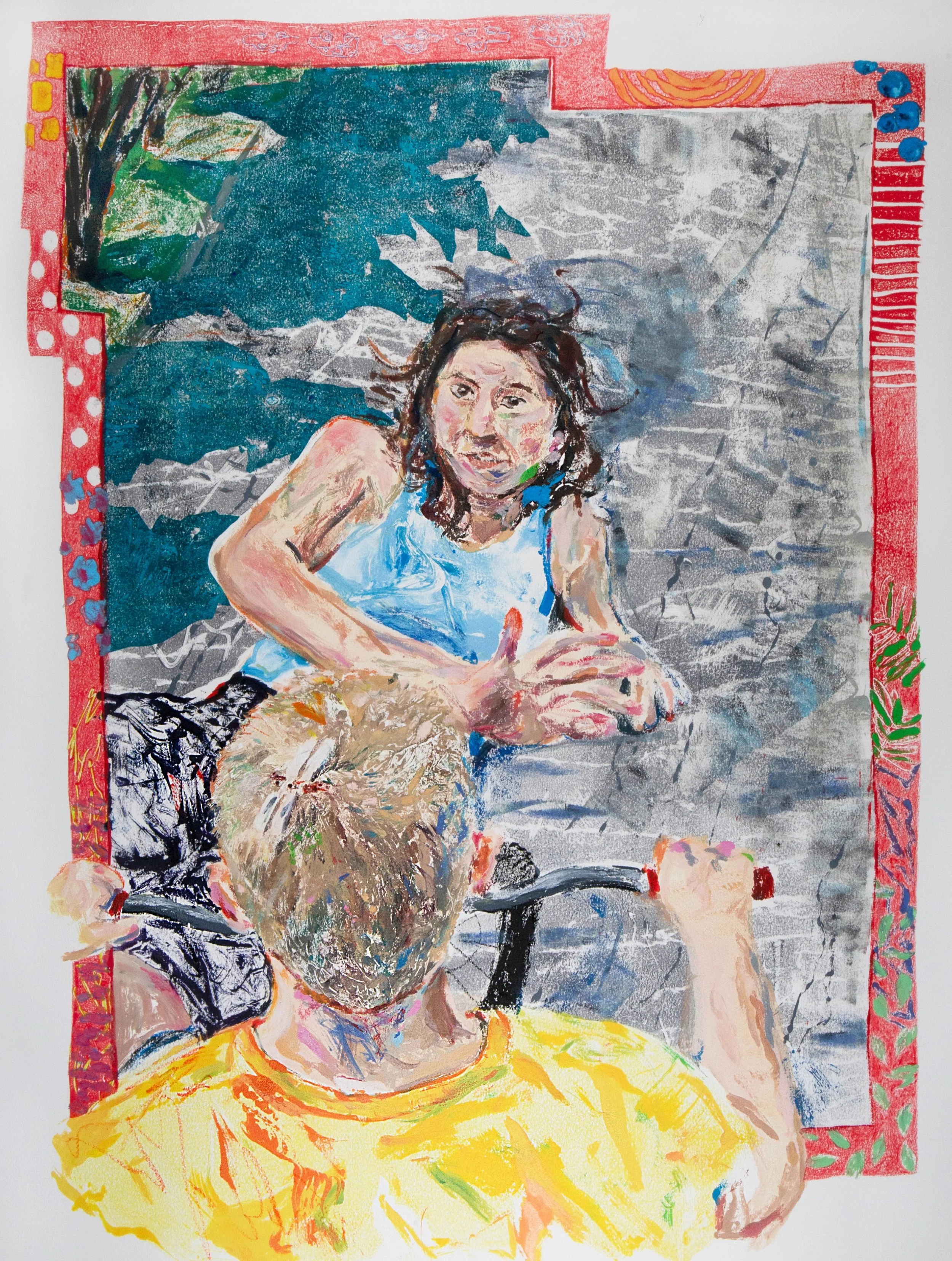 When the intrepid teacher stumbles, the student just keeps on pedaling (Run you right over); monotype; 2025