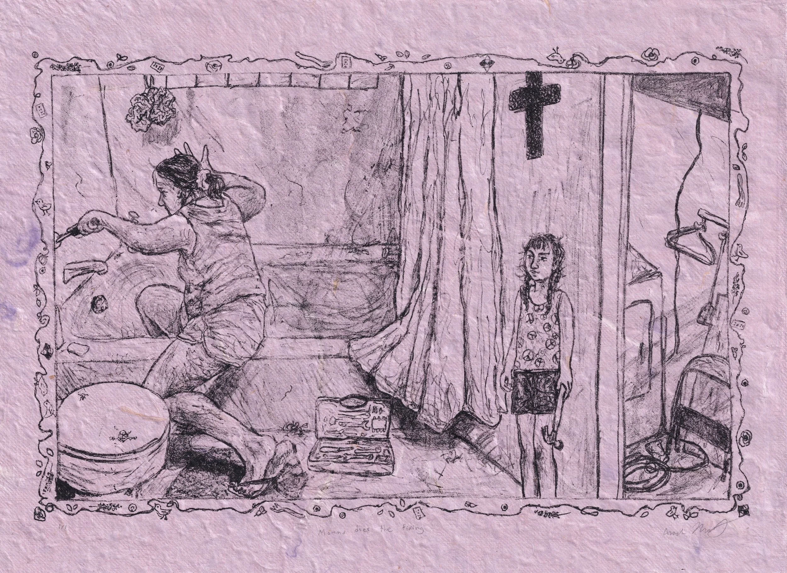 Momma Does The Fixin'; lithograph VE on found handmade paper; 2024; 11 x 16 in.