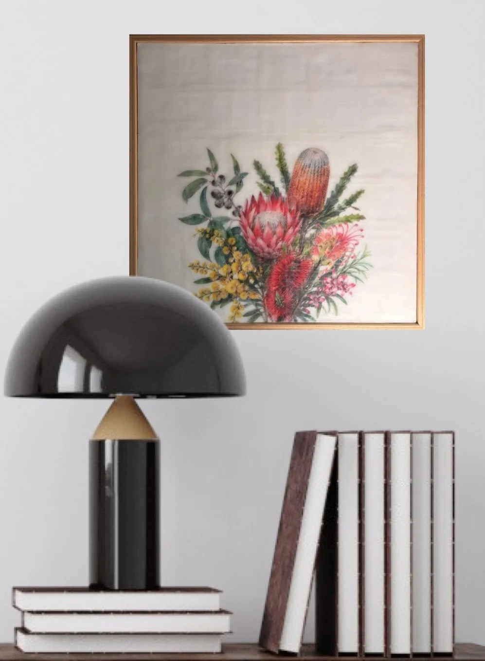 Encaustic wax and mixed media artwork featuring Australian native flowers including banksia, protea, bottlebrush and wattle on a soft ivory background, framed in natural timber.
