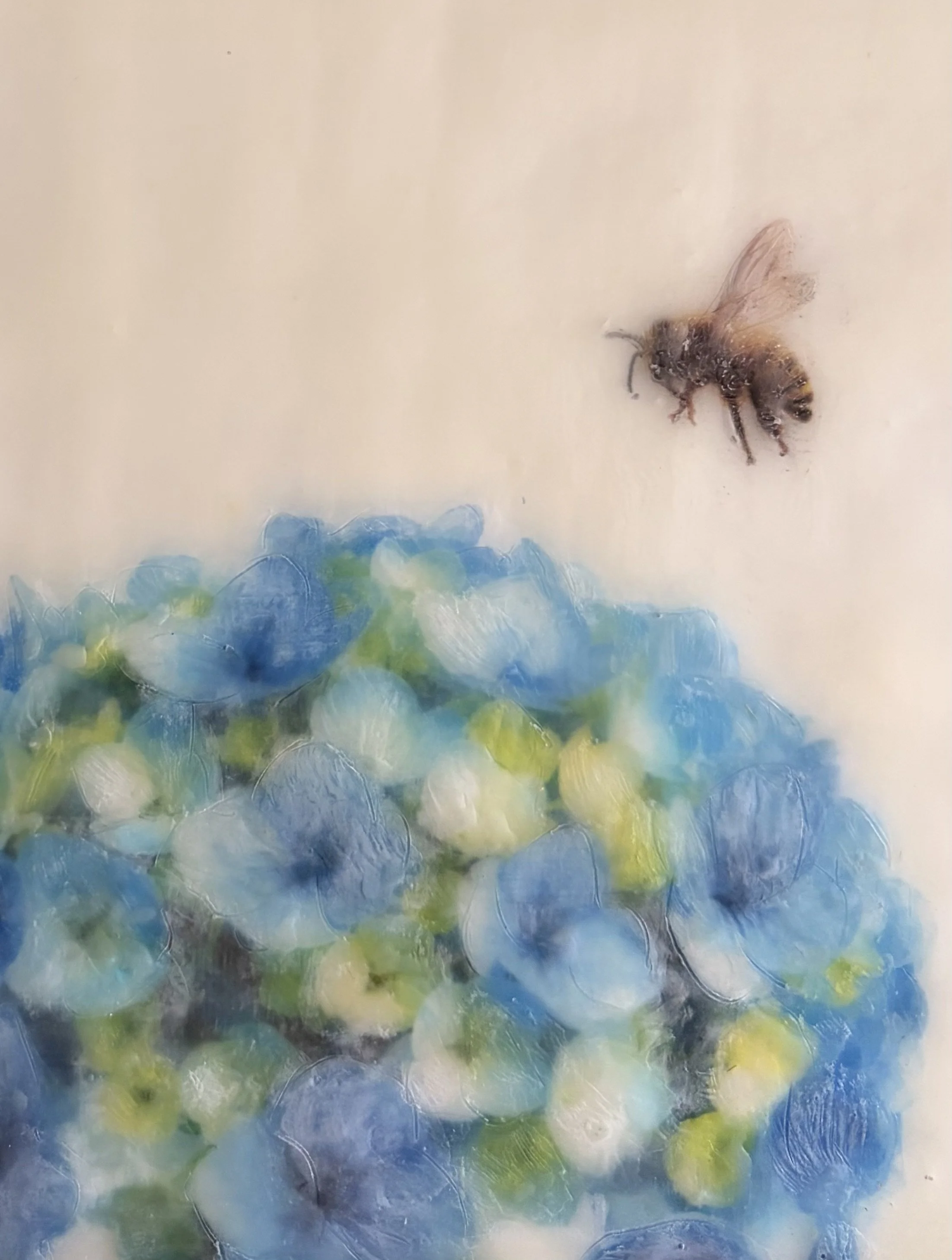 Original encaustic wax artwork featuring a honeybee hovering above blue hydrangea flowers, framed in Tasmanian oak with soft translucent beeswax layers.