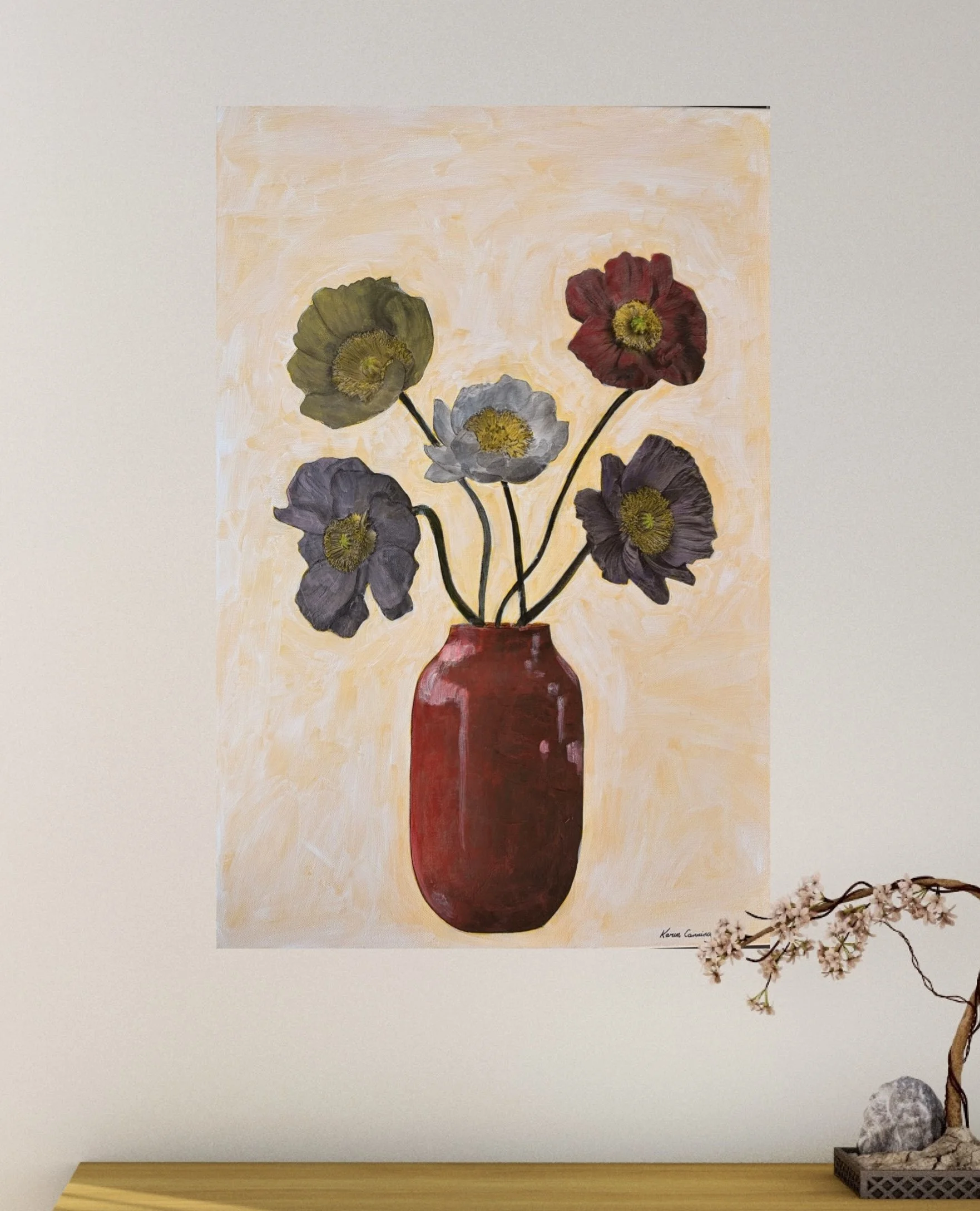 Original acrylic and mixed media floral artwork featuring five poppies in muted tones arranged in a red vase against a soft neutral background, painted by Karen Canning at Studio Fifty Three.