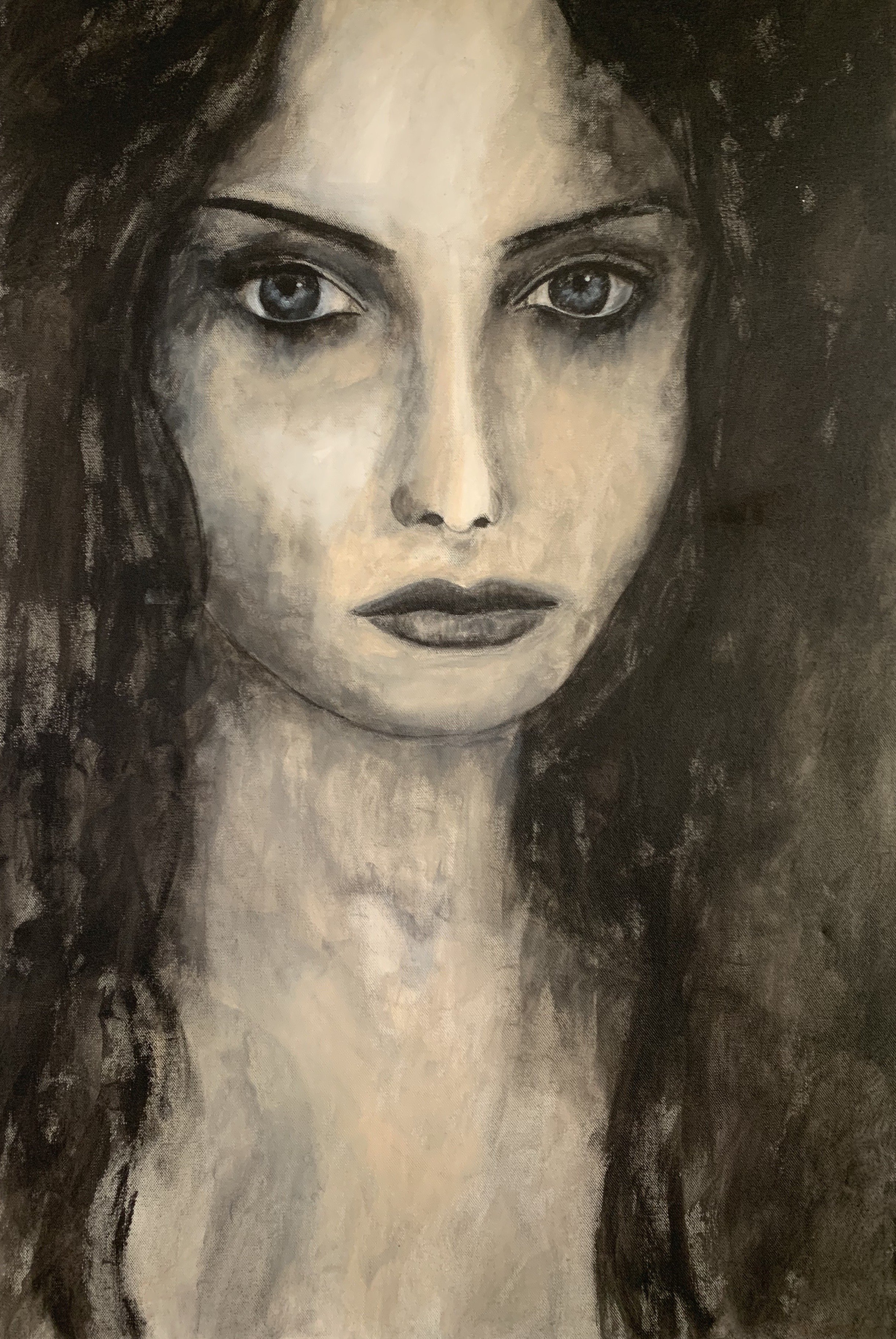I Know is a moody acrylic portrait of a woman gazing straight at the viewer. Her gaze is direct and confident as if to say ‘I Know’. Acrylic 92cm x 62cm
