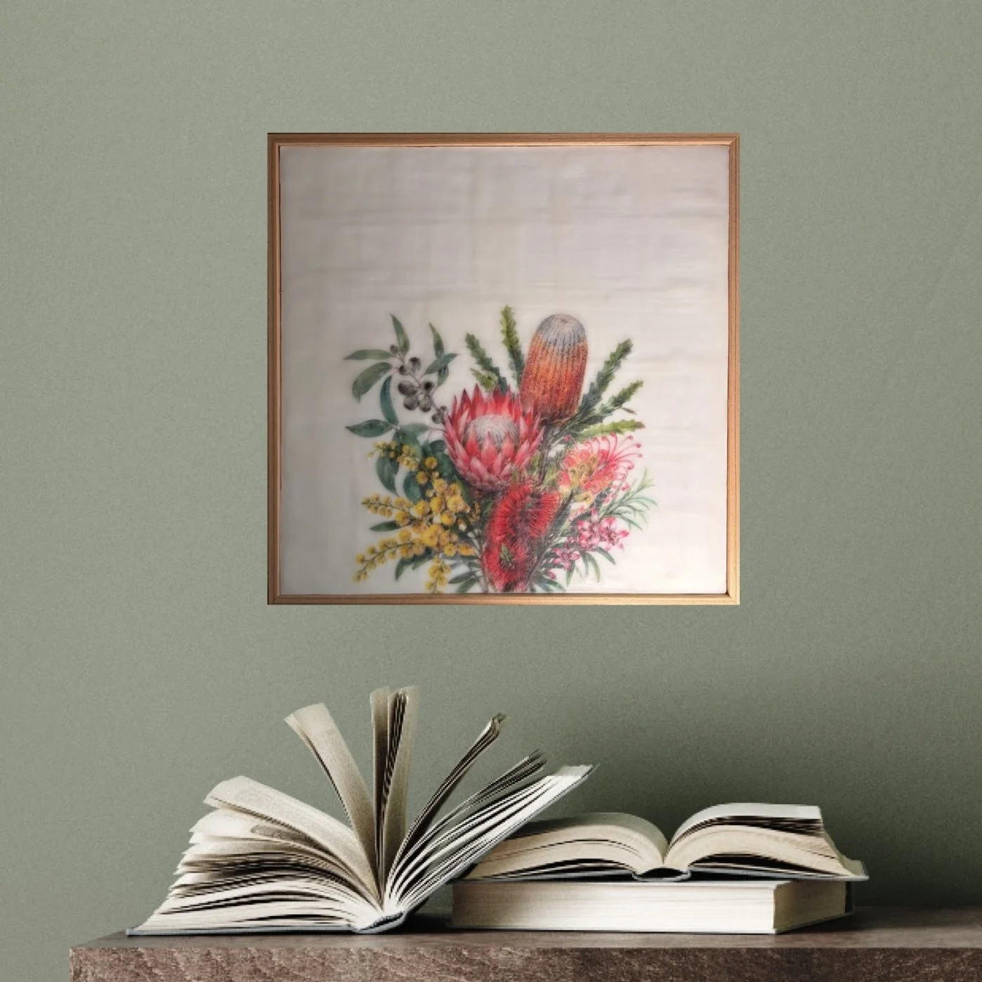 Encaustic wax and mixed media artwork featuring Australian native flowers including banksia, protea, bottlebrush and wattle on a soft ivory background, framed in natural timber.