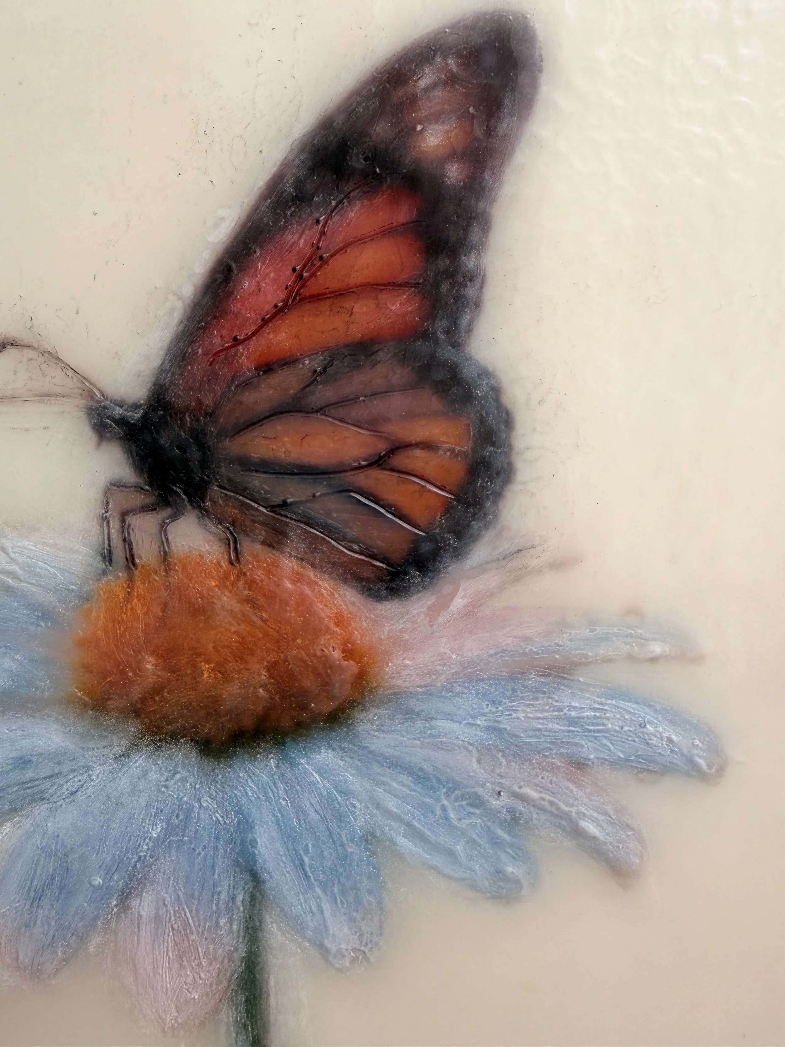 A warm orange butterfly perched on a pale blue daisy, created with encaustic wax and mixed media, featuring rich texture and soft botanical details.