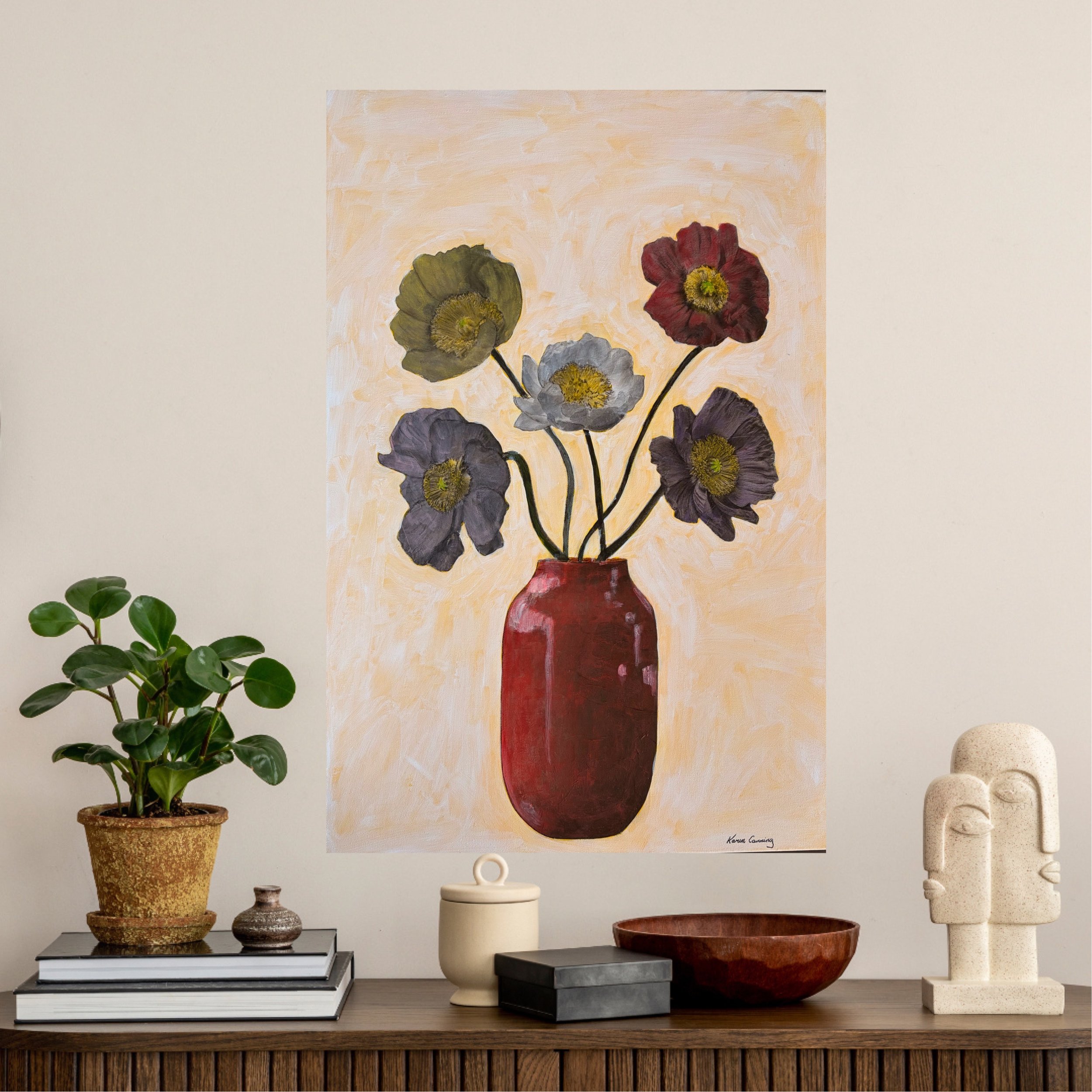 Original acrylic and mixed media floral artwork featuring five poppies in muted tones arranged in a red vase against a soft neutral background, painted by Karen Canning at Studio Fifty Three.