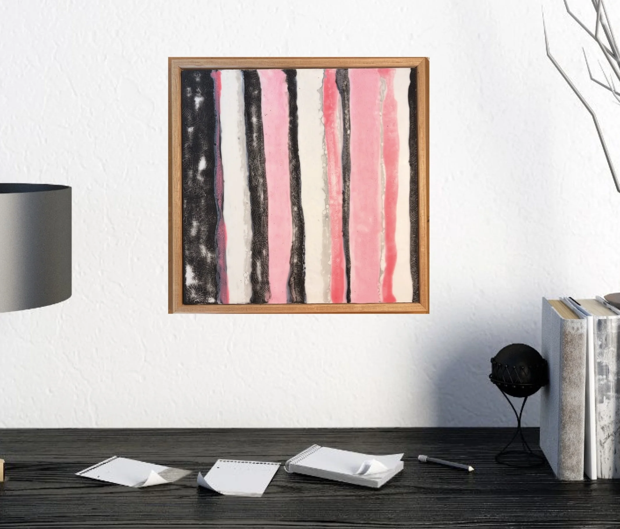 Close-up and full views of a framed encaustic wax artwork featuring vertical pink, black, and white textured stripes, displayed in a timber frame on a light background.