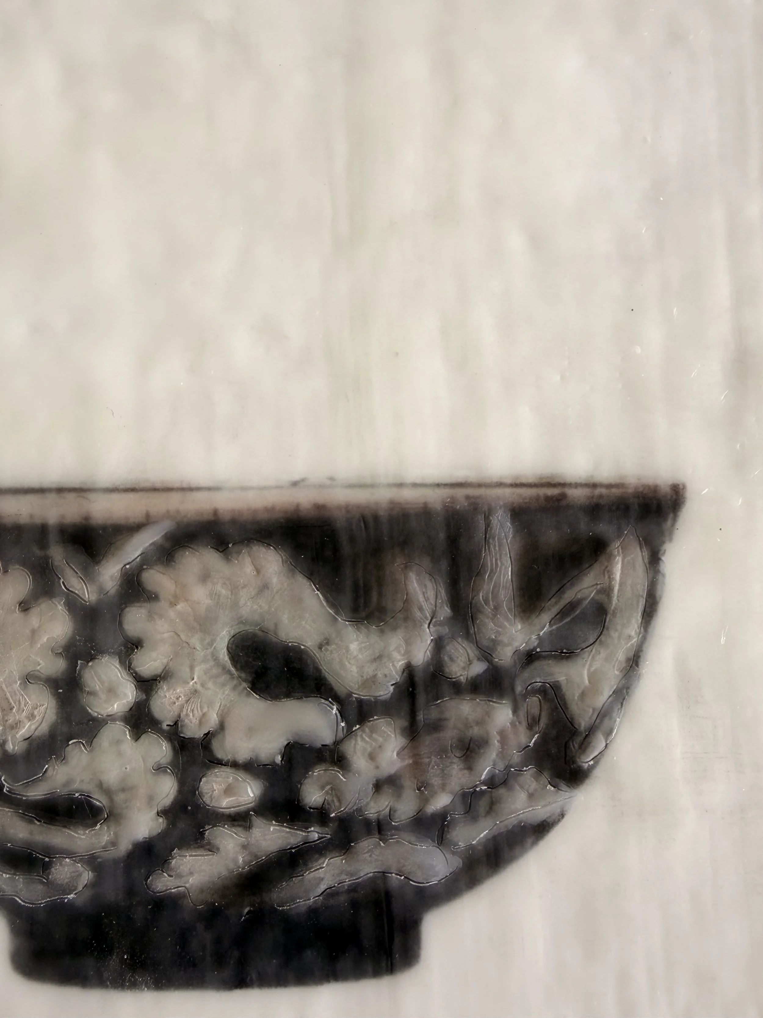 Encaustic wax and mixed media artwork titled “Holiday Treasure” by Karen Canning, featuring layered textures, warm tones and luminous depth in a 22 x 22cm square format.