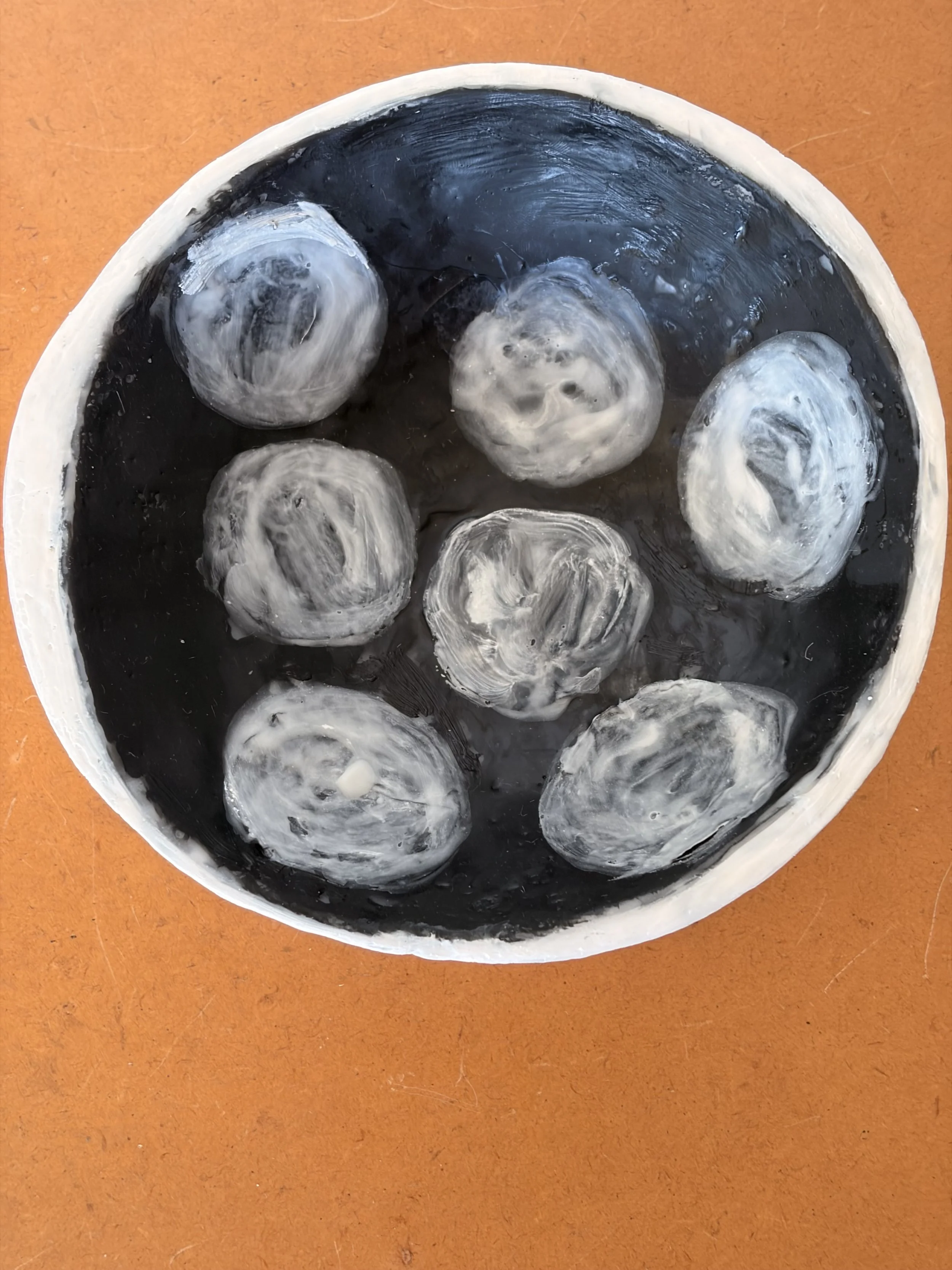 Handmade encaustic wax artwork titled “Dot to Dot Dish” featuring layered dots and textured surface in soft neutral tones, created by Australian artist Karen Canning.