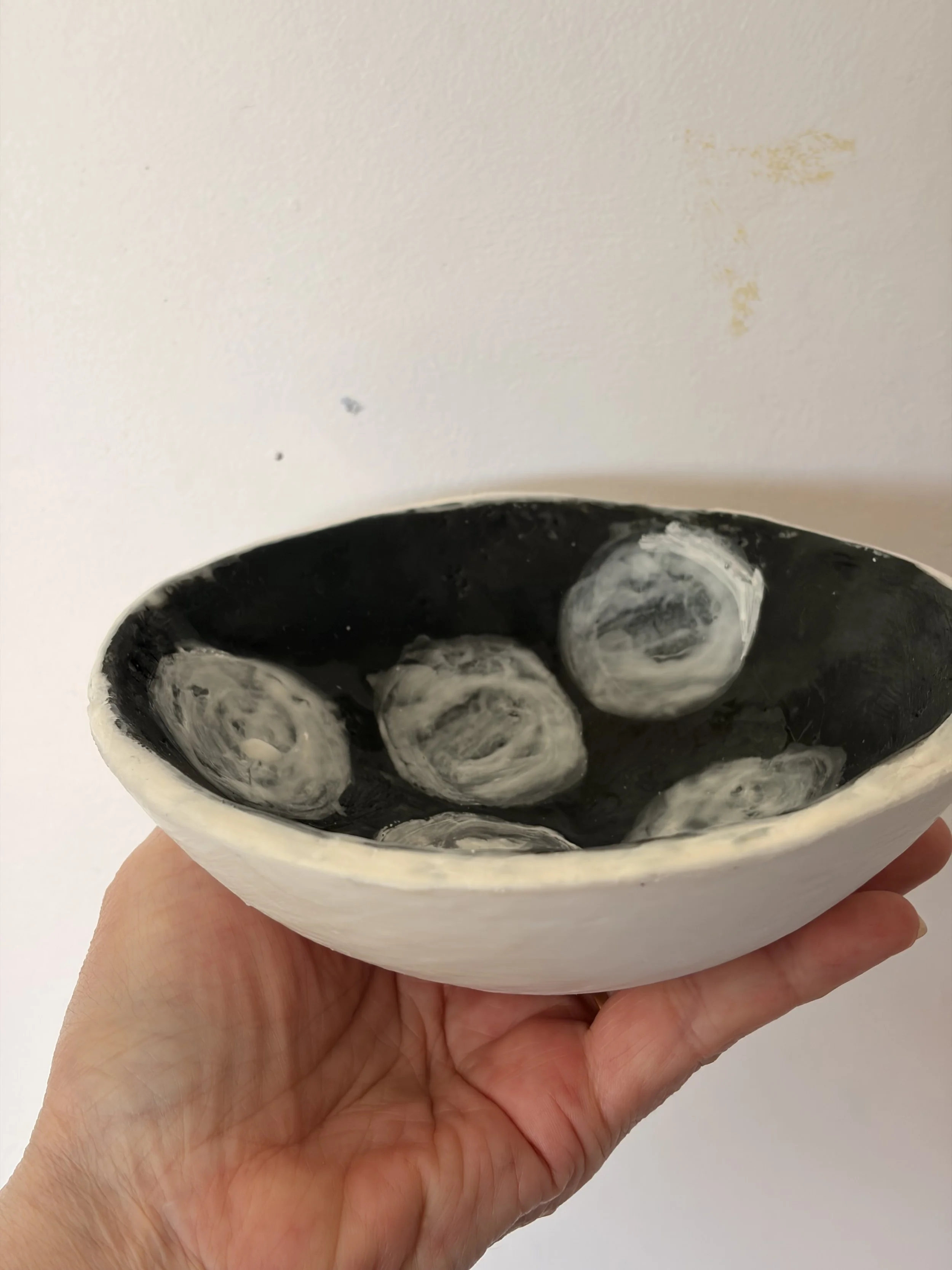 Handmade encaustic wax artwork titled “Dot to Dot Dish” featuring layered dots and textured surface in soft neutral tones, created by Australian artist Karen Canning.