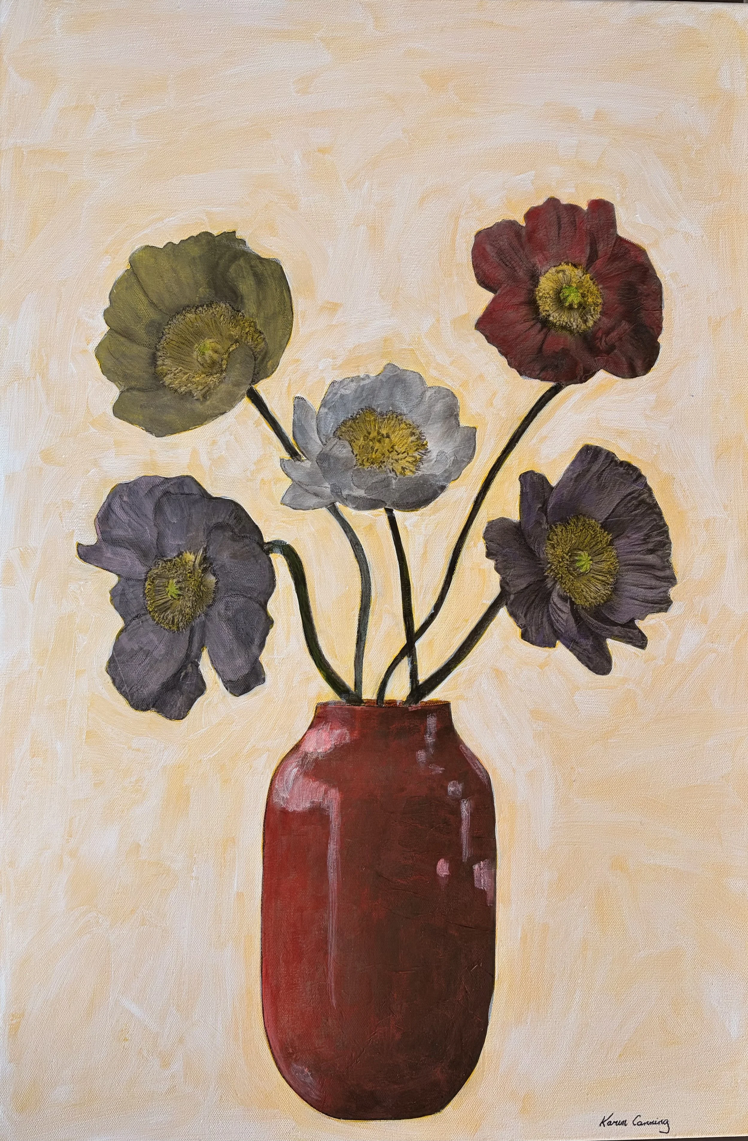 Original acrylic and mixed media floral artwork featuring five poppies in muted tones arranged in a red vase against a soft neutral background, painted by Karen Canning at Studio Fifty Three.