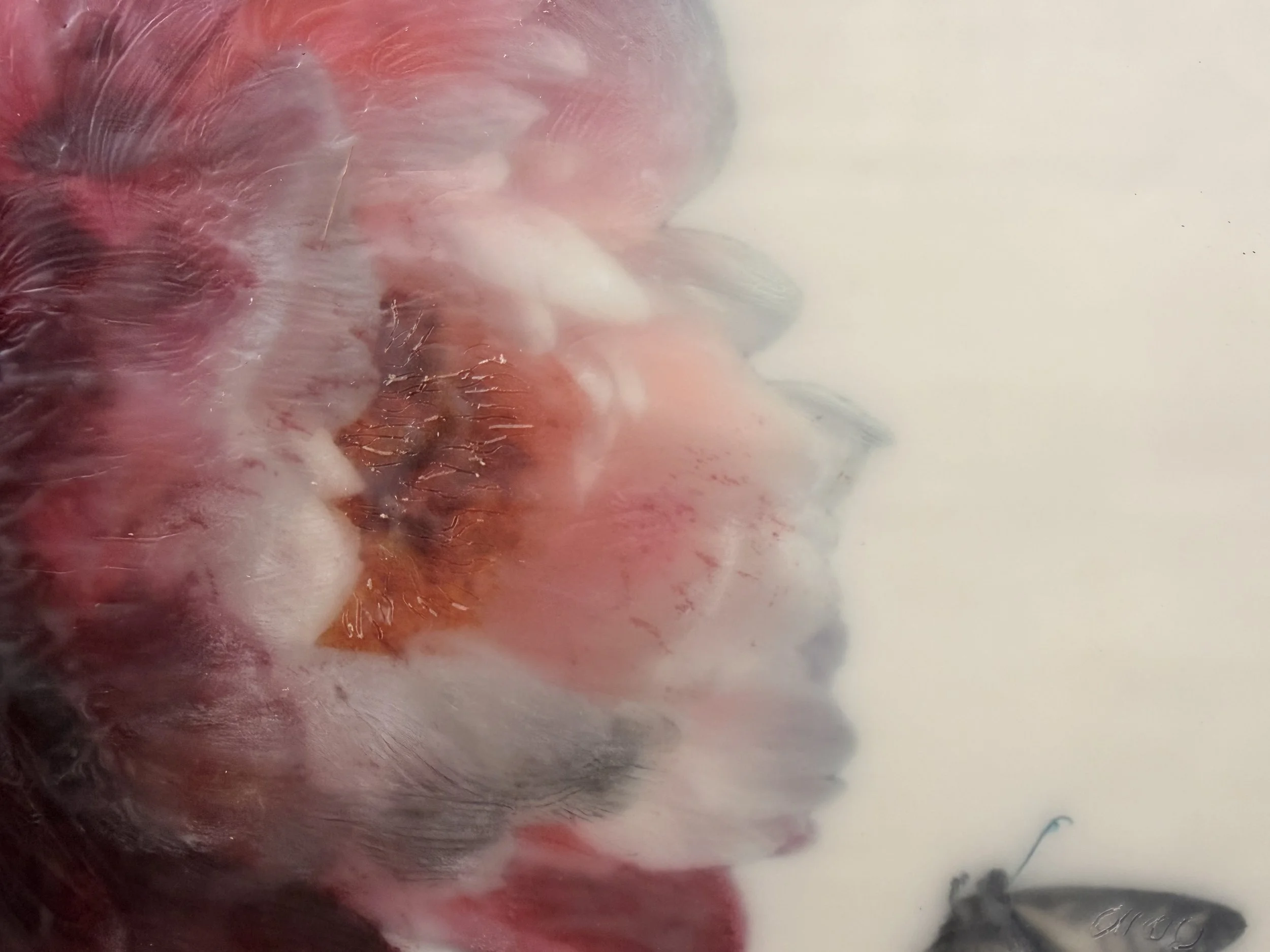 Encaustic wax artwork of a soft pink and crimson flower with a butterfly hovering above, featuring layered wax textures and a gentle, dreamlike finish.