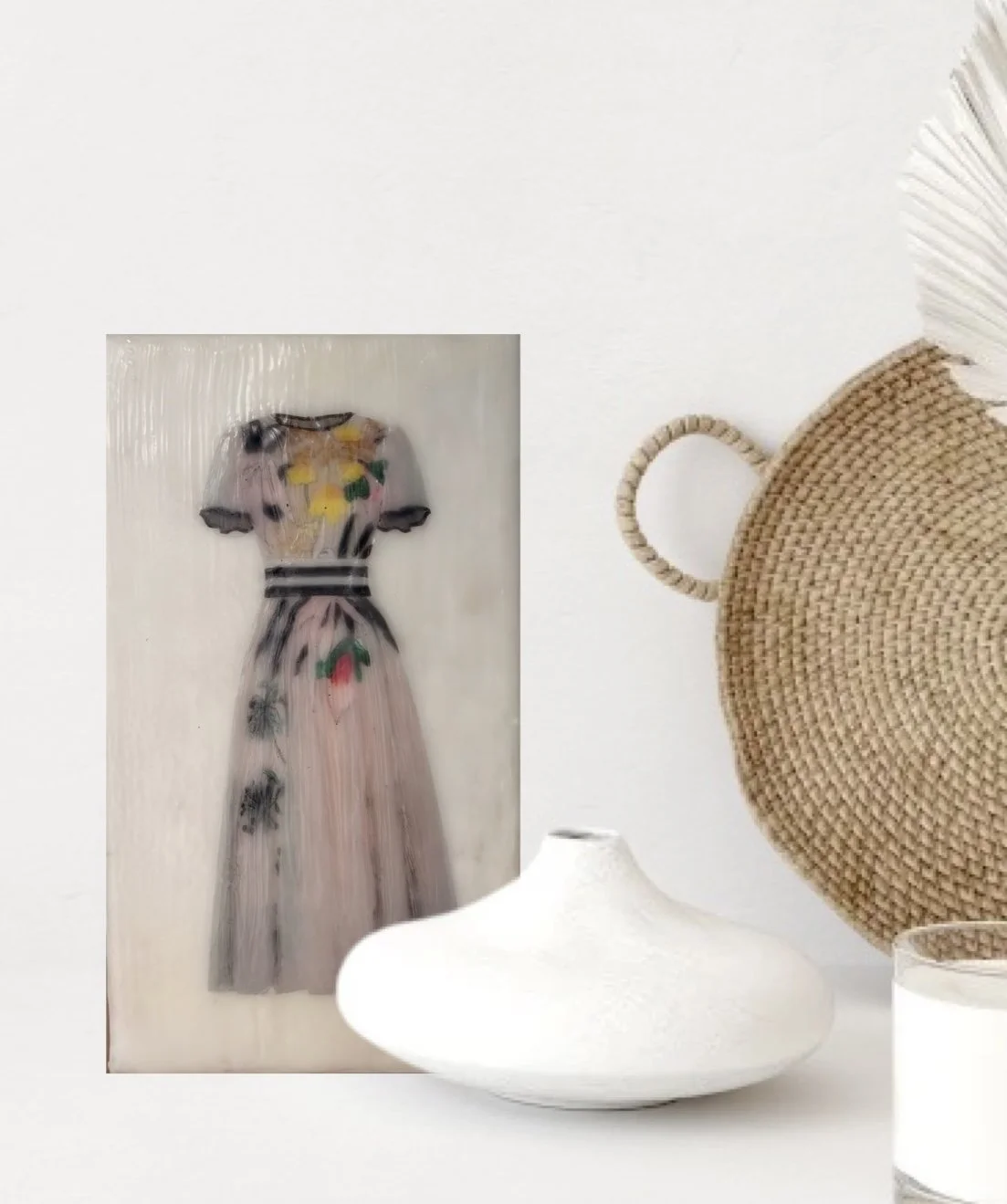 Encaustic wax mixed media artwork of a soft floral dress in blush tones on a sculptural block