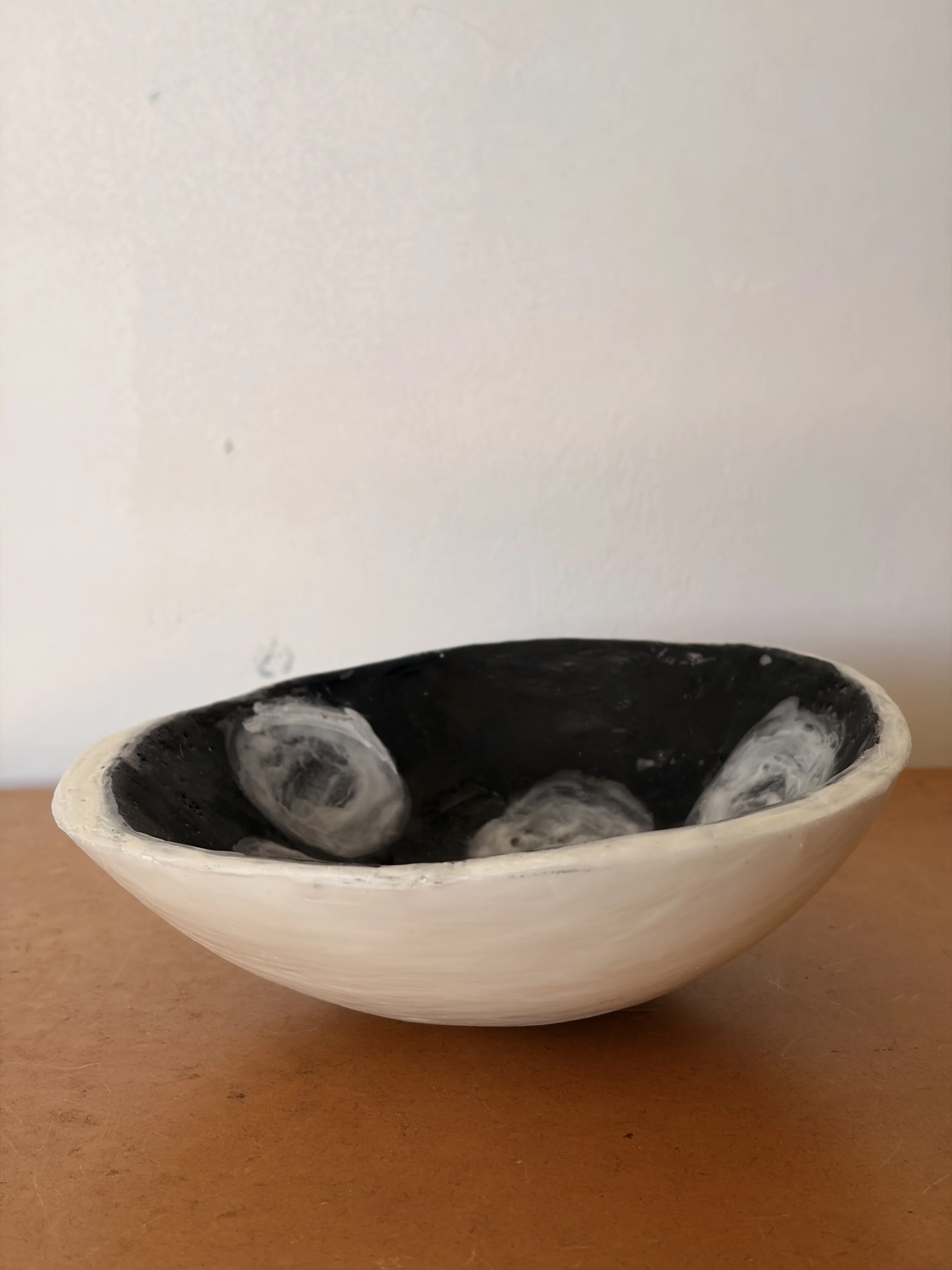 Handmade encaustic wax artwork titled “Dot to Dot Dish” featuring layered dots and textured surface in soft neutral tones, created by Australian artist Karen Canning.