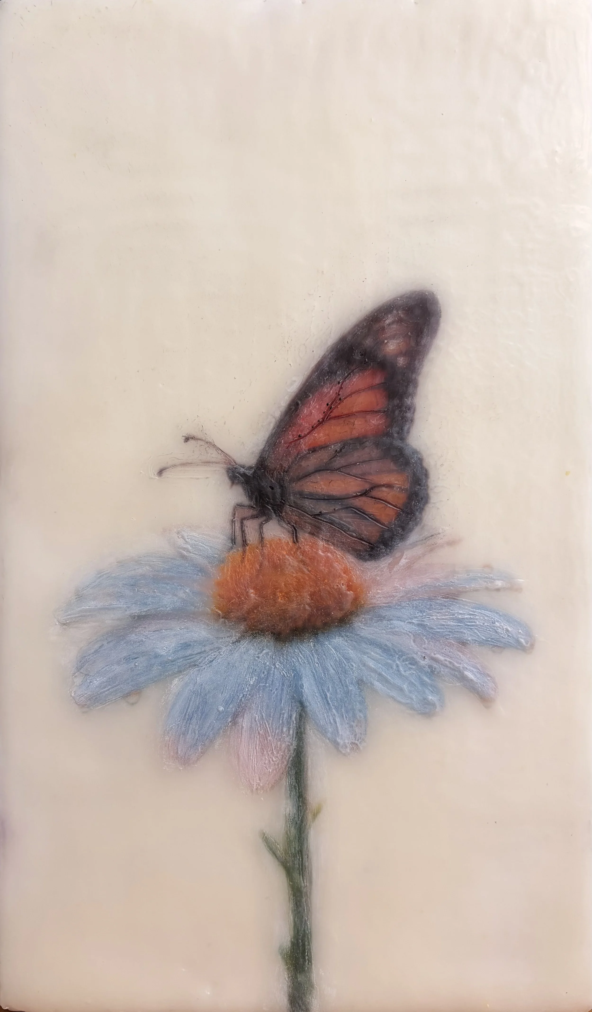 A warm orange butterfly perched on a pale blue daisy, created with encaustic wax and mixed media, featuring rich texture and soft botanical details.