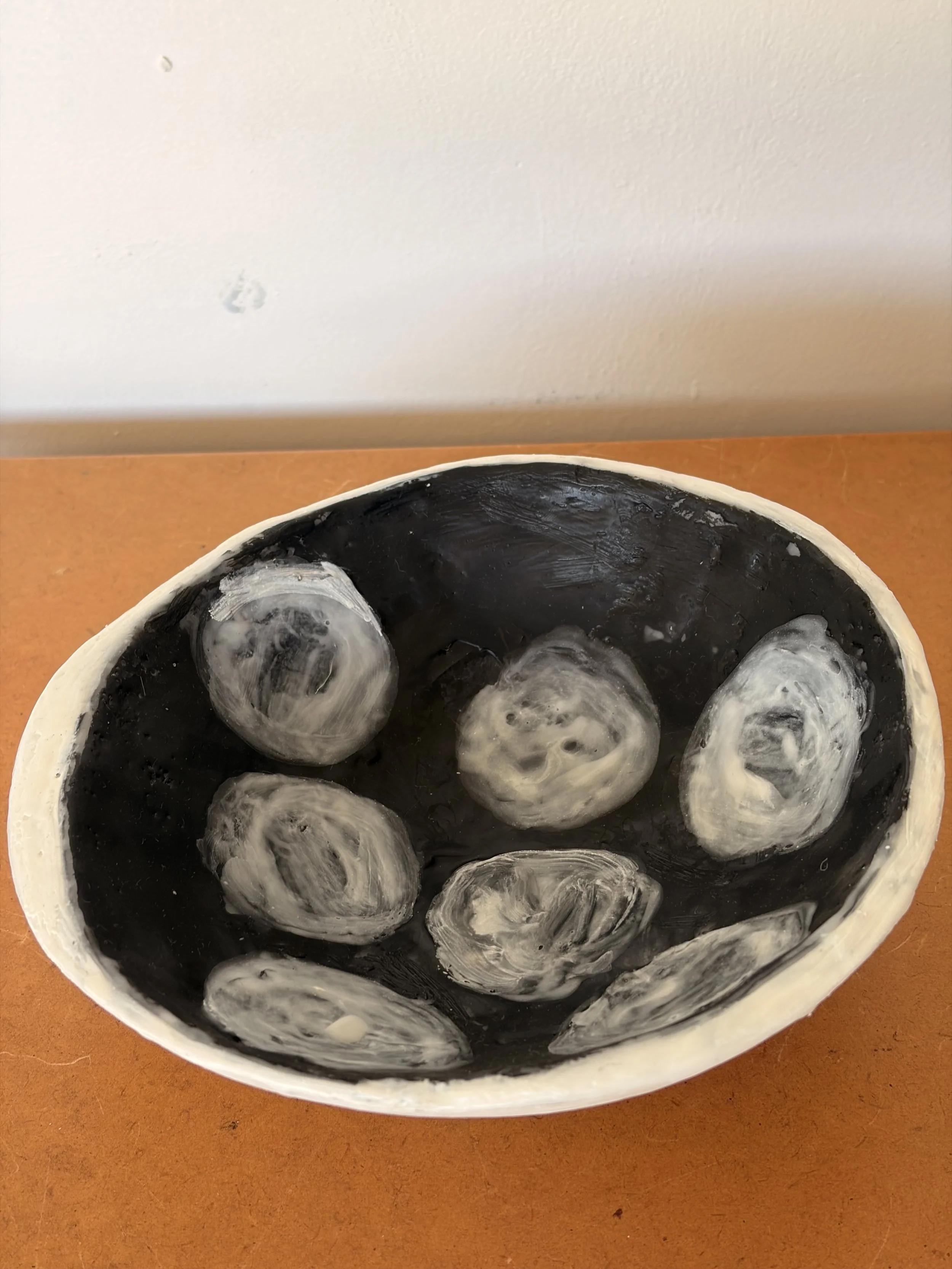 Handmade encaustic wax artwork titled “Dot to Dot Dish” featuring layered dots and textured surface in soft neutral tones, created by Australian artist Karen Canning.