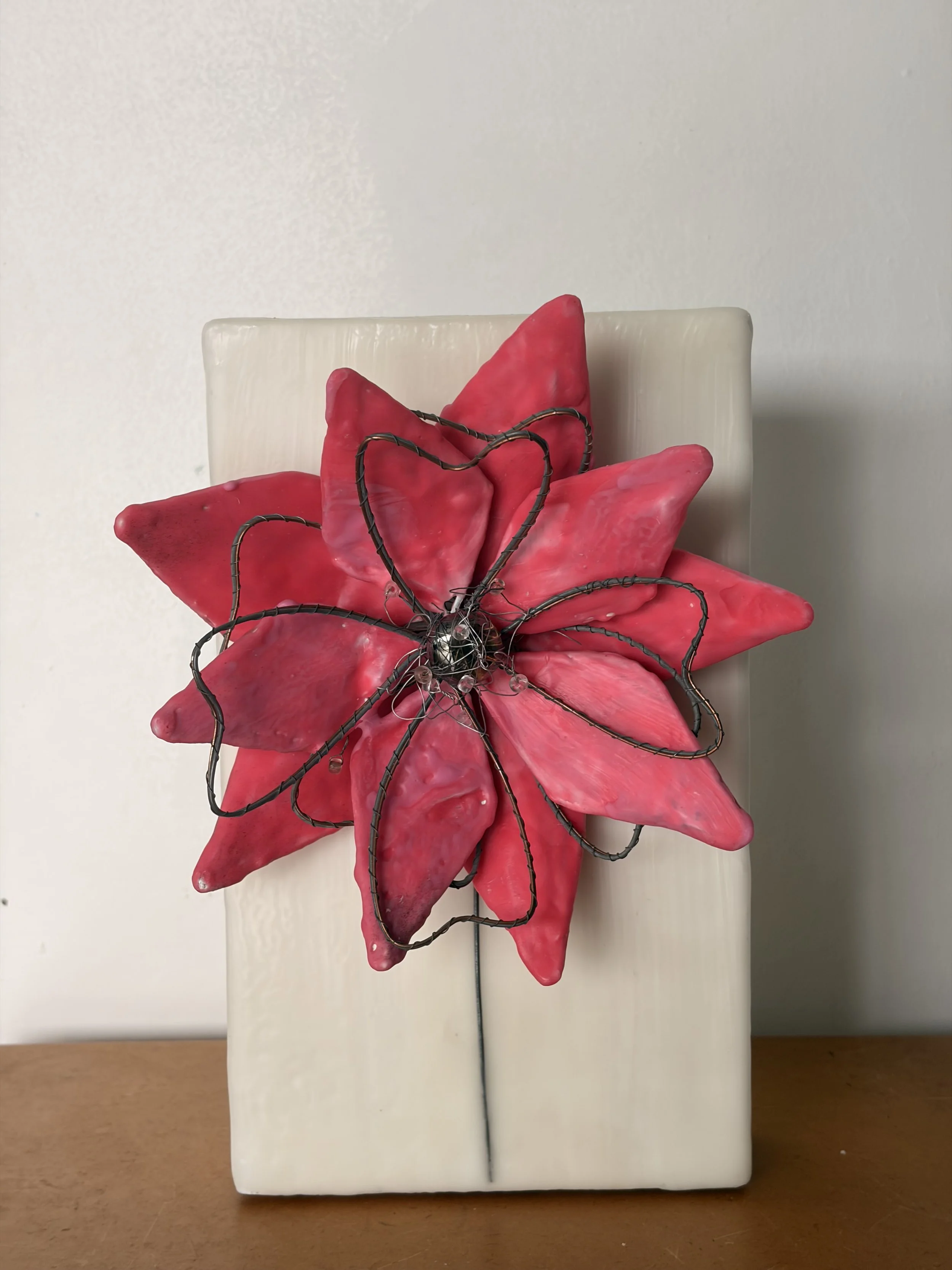Contemporary encaustic wax botanical artwork with wire detailing