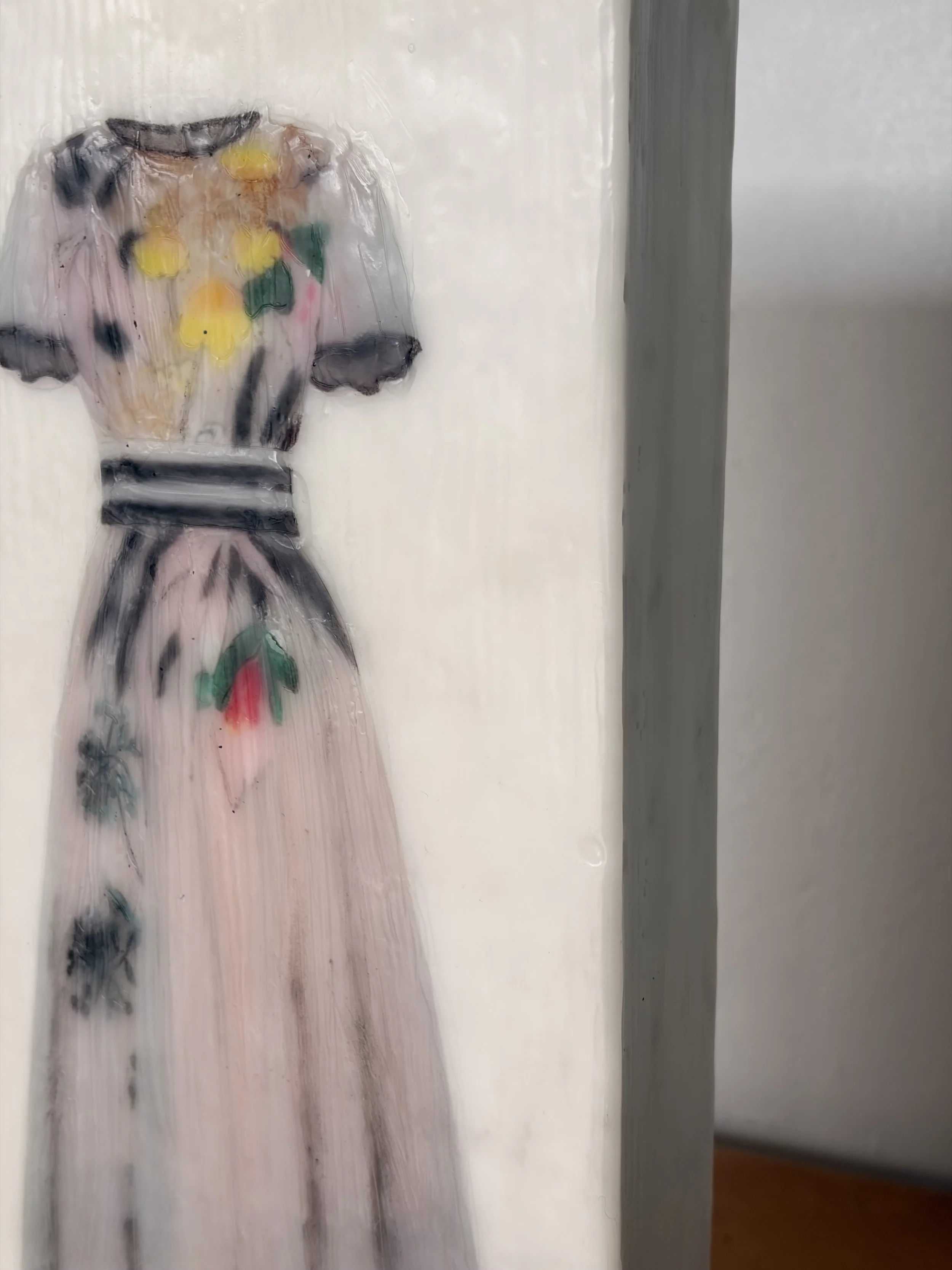 Encaustic wax mixed media artwork of a soft floral dress in blush tones on a sculptural block