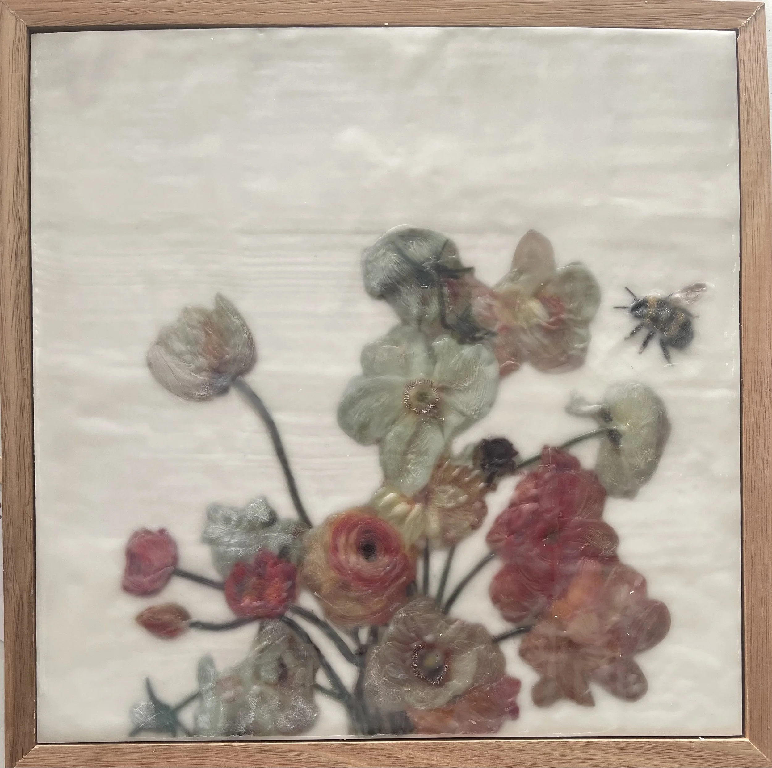 Encaustic wax painting of flowers and bee