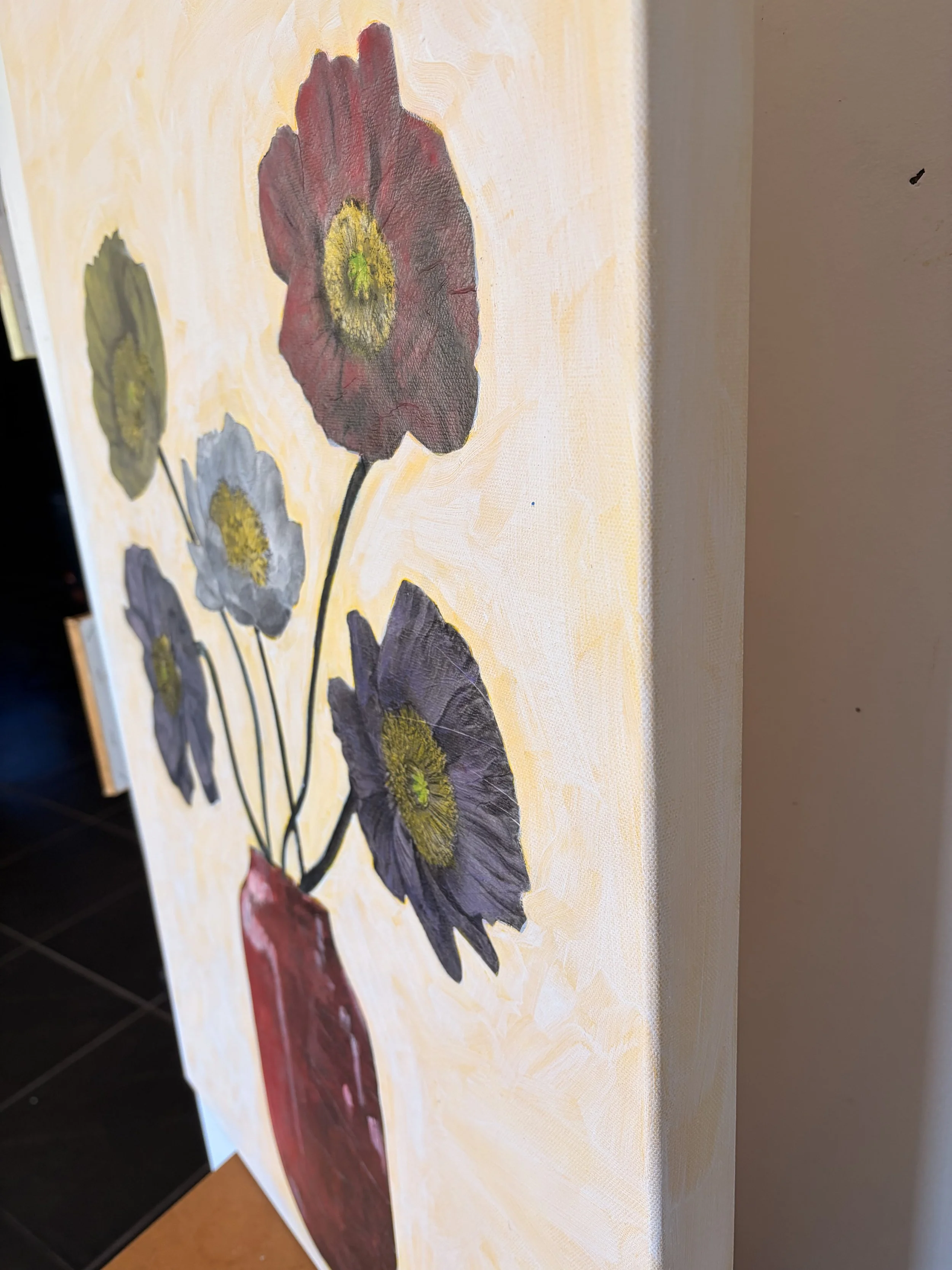 Original acrylic and mixed media floral artwork featuring five poppies in muted tones arranged in a red vase against a soft neutral background, painted by Karen Canning at Studio Fifty Three.