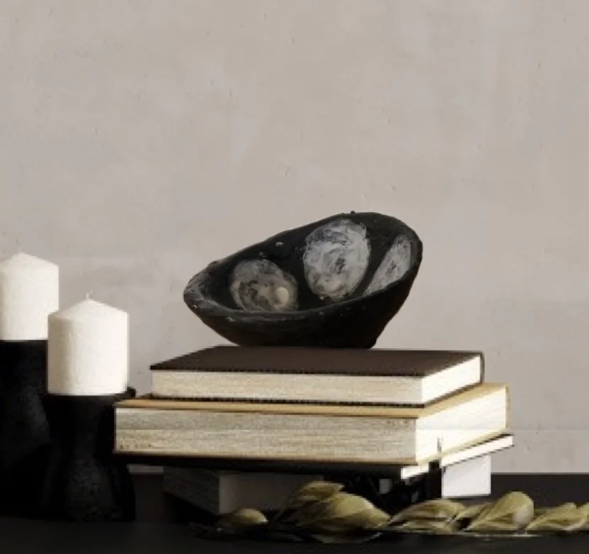 Handmade encaustic wax artwork titled “Dot to Dot Dish” featuring layered dots and textured surface in soft neutral tones, created by Australian artist Karen Canning.