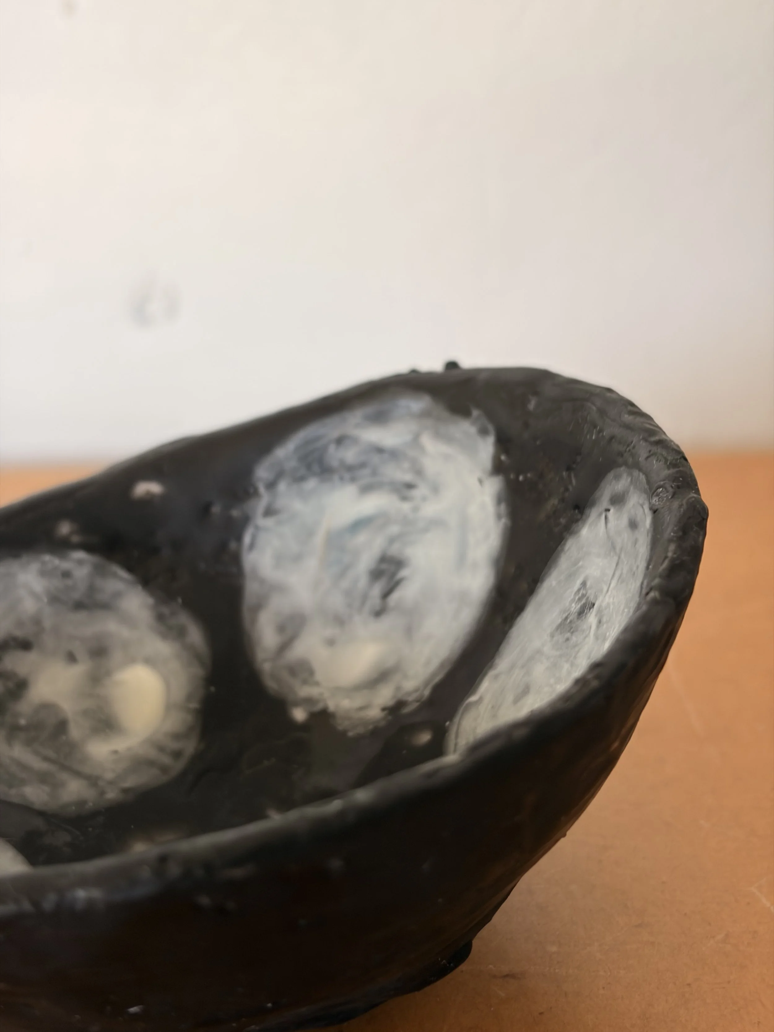 Handmade encaustic wax artwork titled “Dot to Dot Dish” featuring layered dots and textured surface in soft neutral tones, created by Australian artist Karen Canning.