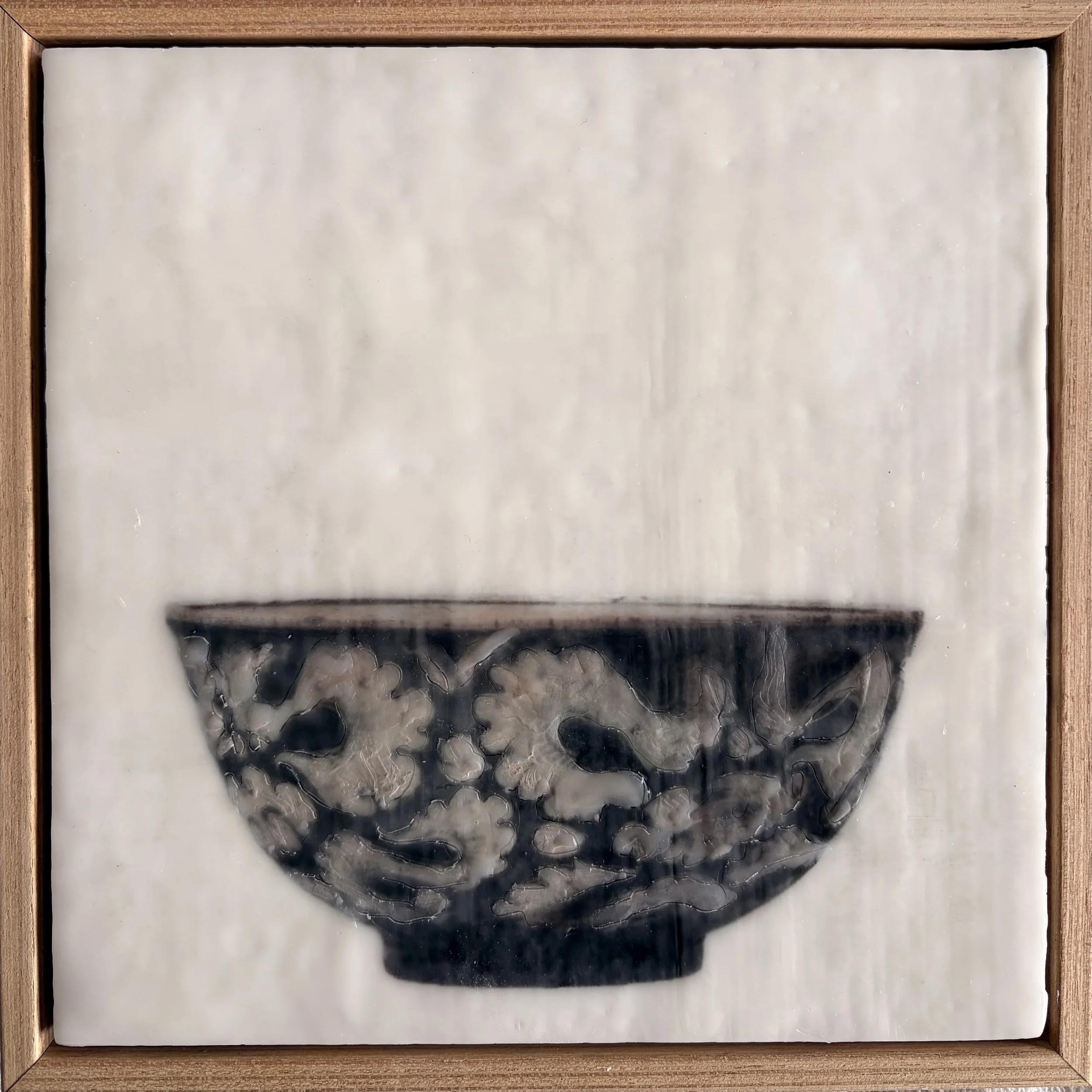 Encaustic wax and mixed media artwork titled “Holiday Treasure” by Karen Canning, featuring layered textures, warm tones and luminous depth in a 22 x 22cm square format.