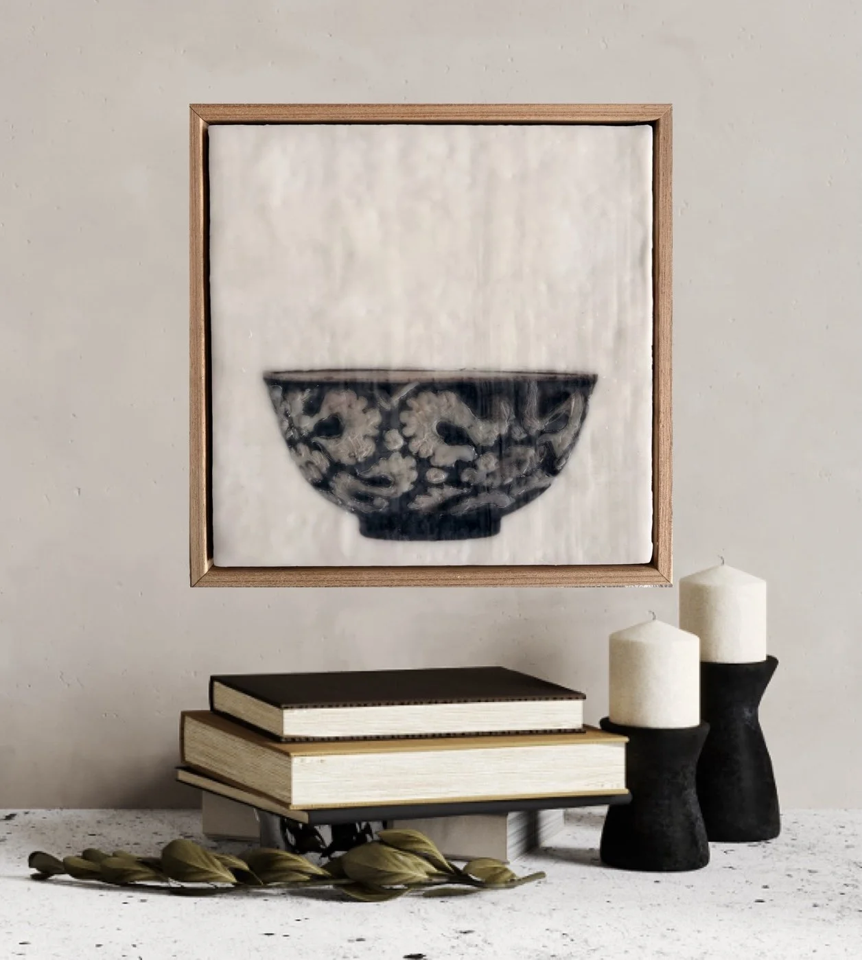 Encaustic wax and mixed media artwork titled “Holiday Treasure” by Karen Canning, featuring layered textures, warm tones and luminous depth in a 22 x 22cm square format.