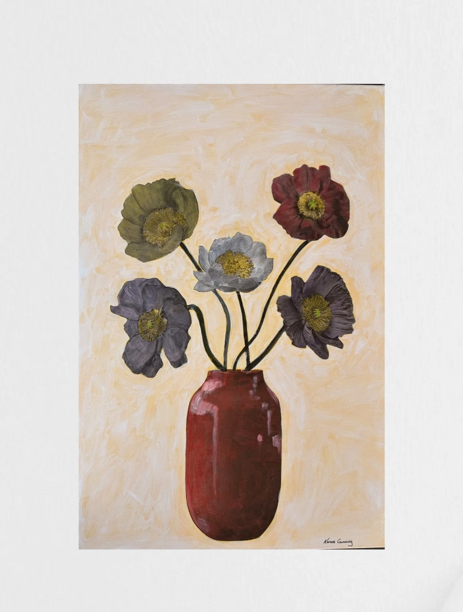 Original acrylic and mixed media floral artwork featuring five poppies in muted tones arranged in a red vase against a soft neutral background, painted by Karen Canning at Studio Fifty Three.