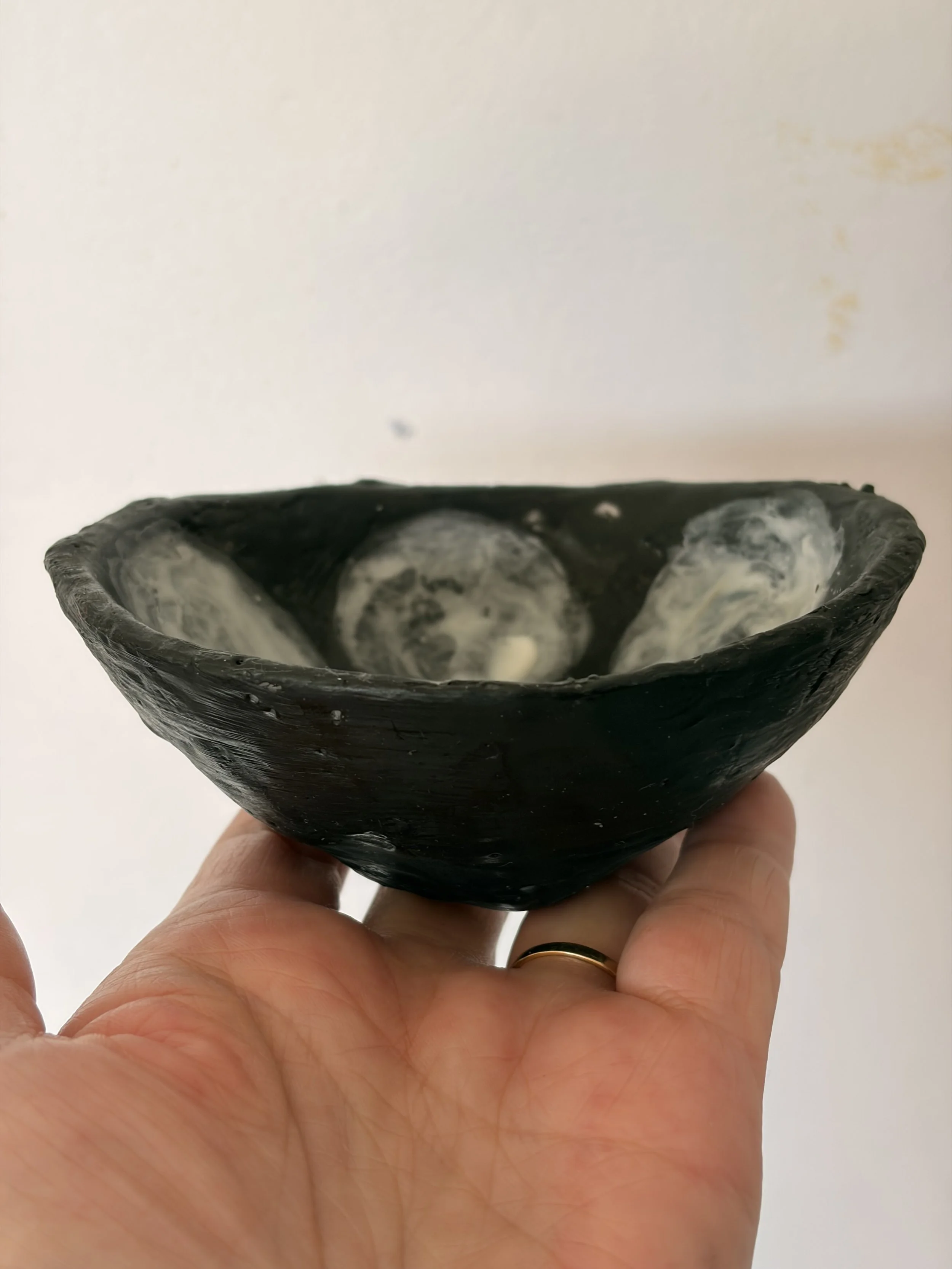 Handmade encaustic wax artwork titled “Dot to Dot Dish” featuring layered dots and textured surface in soft neutral tones, created by Australian artist Karen Canning.