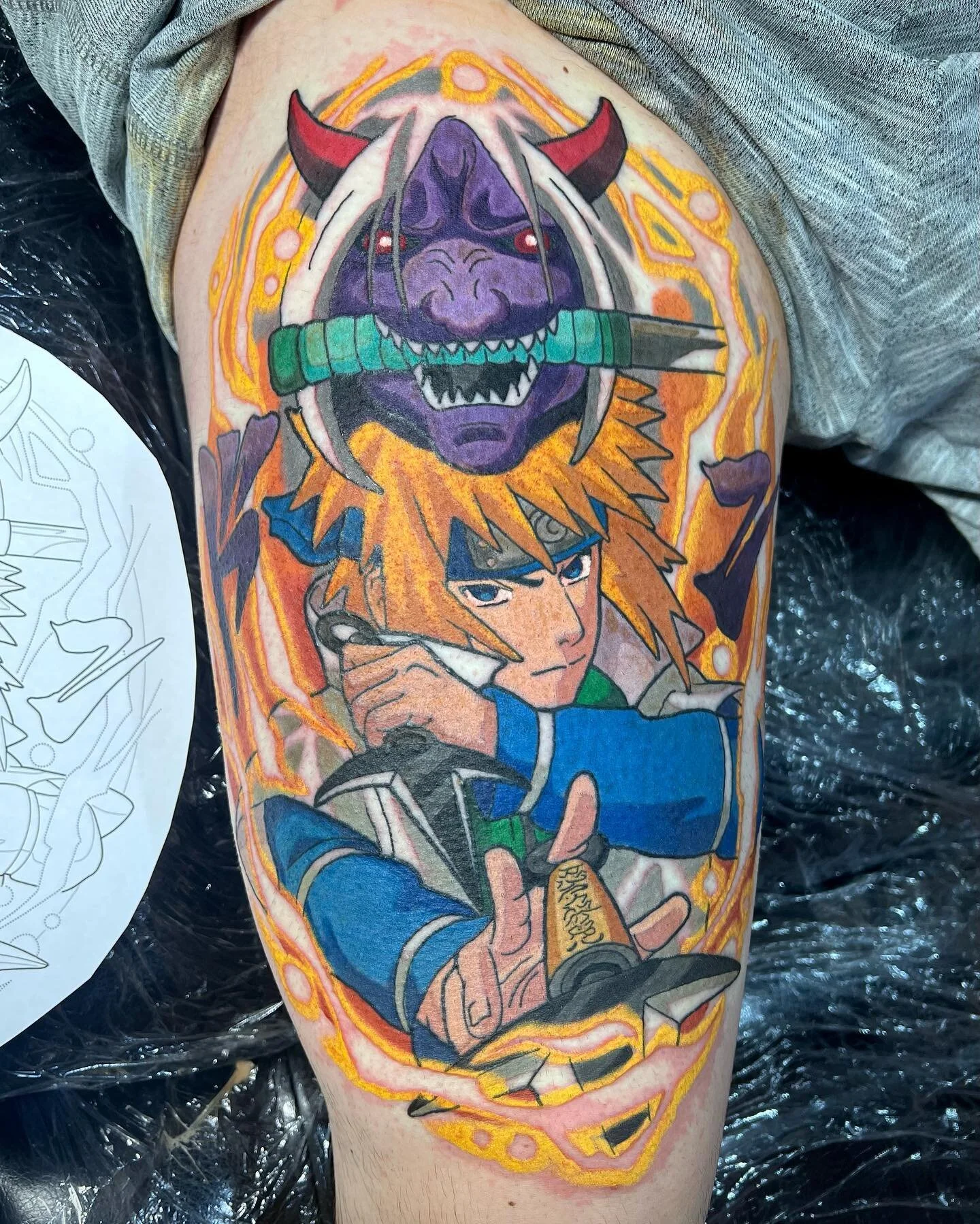 Minato &amp; shinigami 🥷 honestly when are they going to give this man his own Arc 🥵 thanks again Steven was great tattooing you! Until next time legend 🔥🌿 done at @kingstontattoo 🌿 #deathreaper #shinigami #minato #minatonamikaze #naruto #naruto