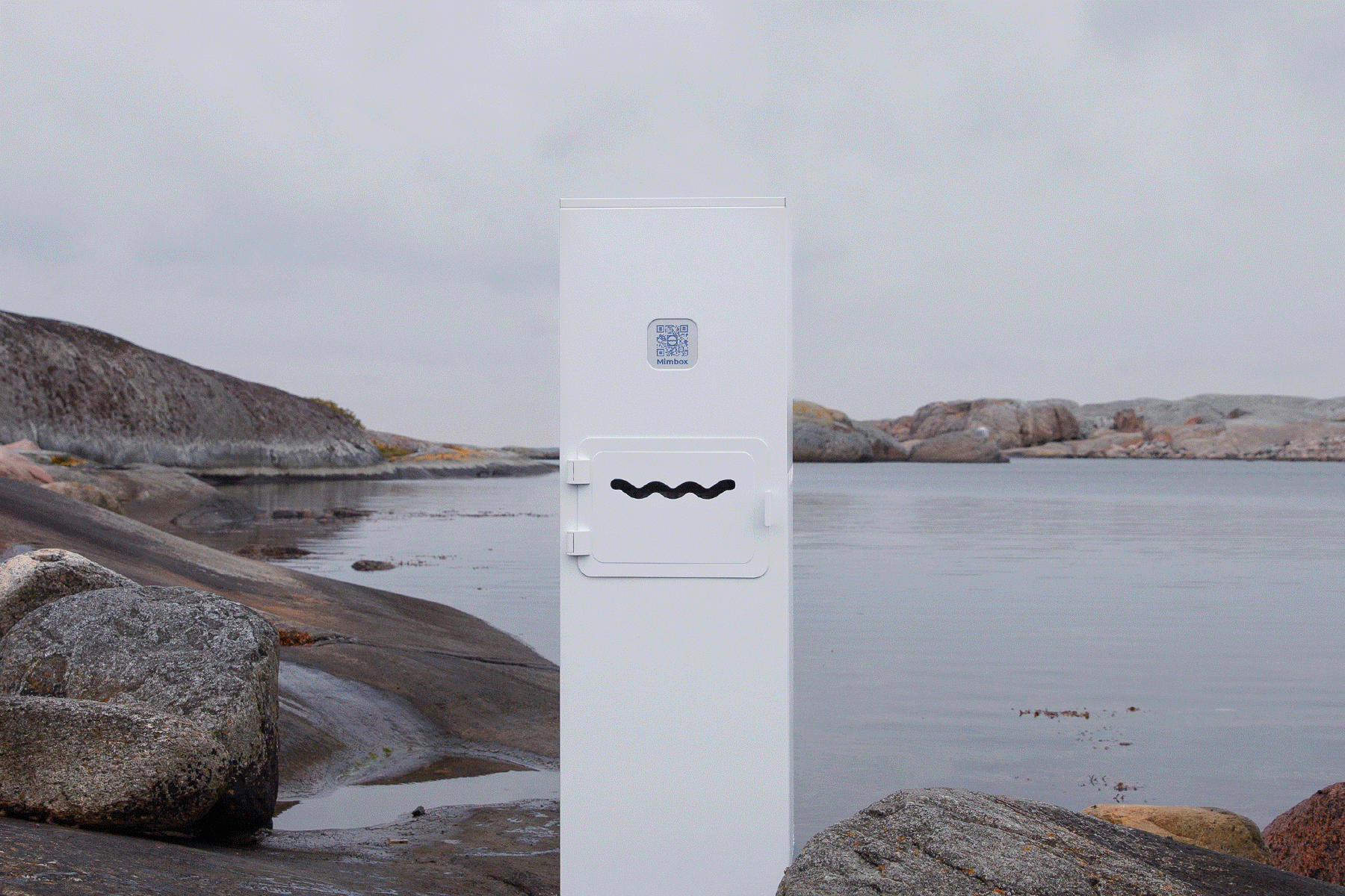 The Mimbox in 3 different settings: a forest, by the ocean and in a clothing warehouse.