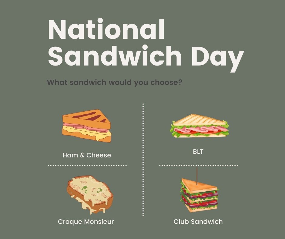 🥪 Happy National Sandwich Day! 🥪

It's time to celebrate everyone's favourite lunchtime delight! 

Some of the most popular sandwiches around the world include classics like the Meatball Sub, BLT (Bacon Lettuce &amp; Tomato), Croque Monsieur, Class