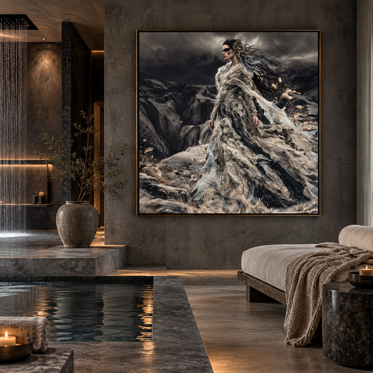 Daughter of Ancient Ice by KC Art displayed beside an indoor spa pool with dark stone walls.