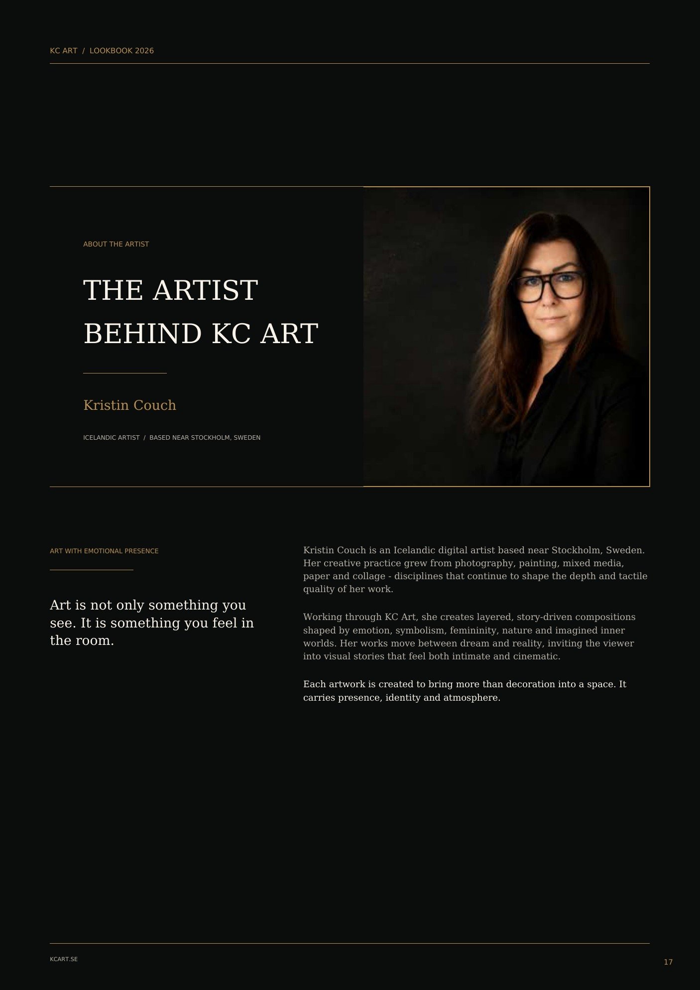 A digital art portfolio webpage featuring Kristin Couch, an Icelandic artist based near Stockholm, Sweden. The page includes her photo, biography, and art philosophy, with a black background, orange accents, and white text.