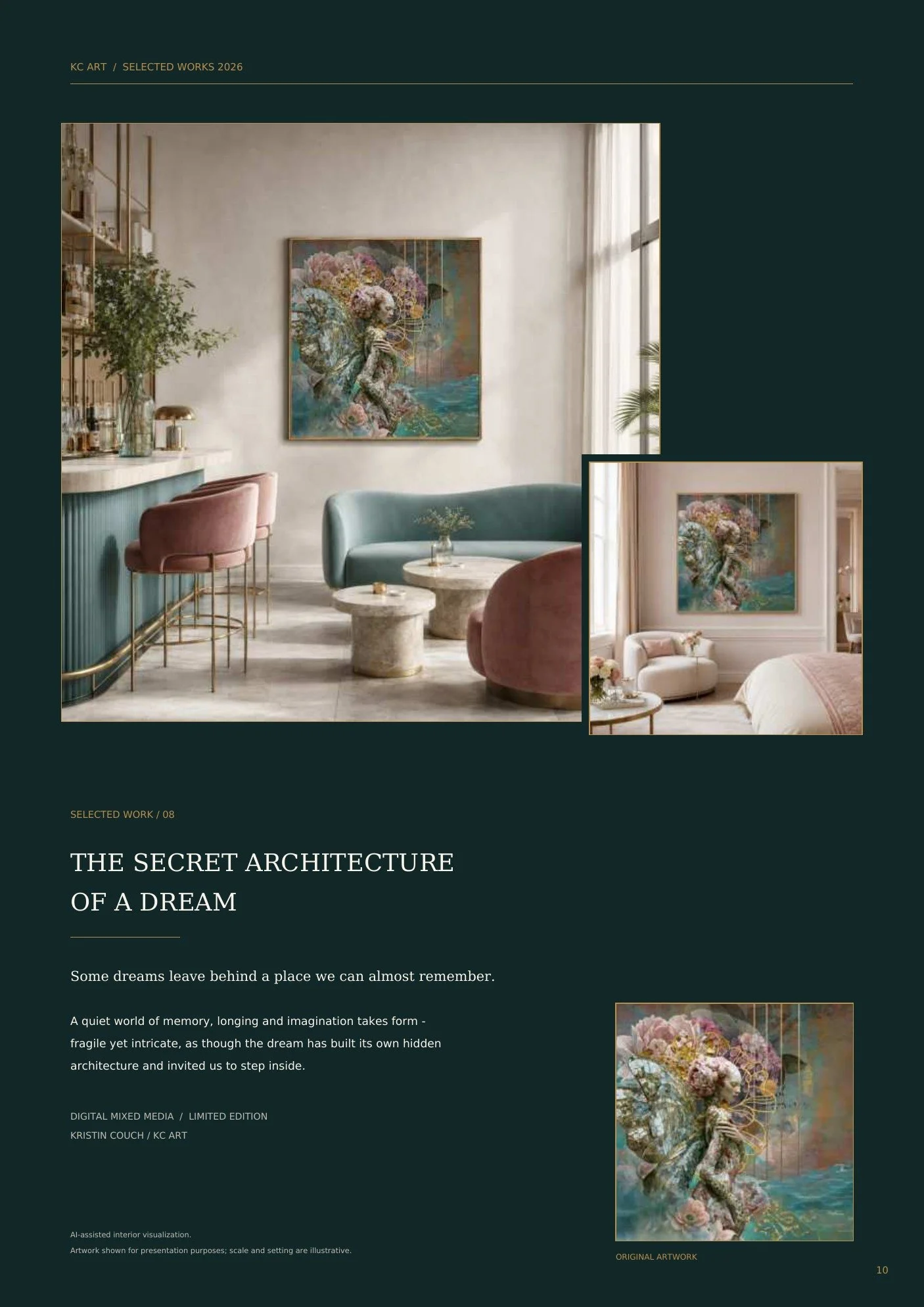 Interior of a stylish living space with a painting of a figure with flowers on the wall, a marble-topped table, a green sofa, pink velvet bar stools, and large windows with white curtains.