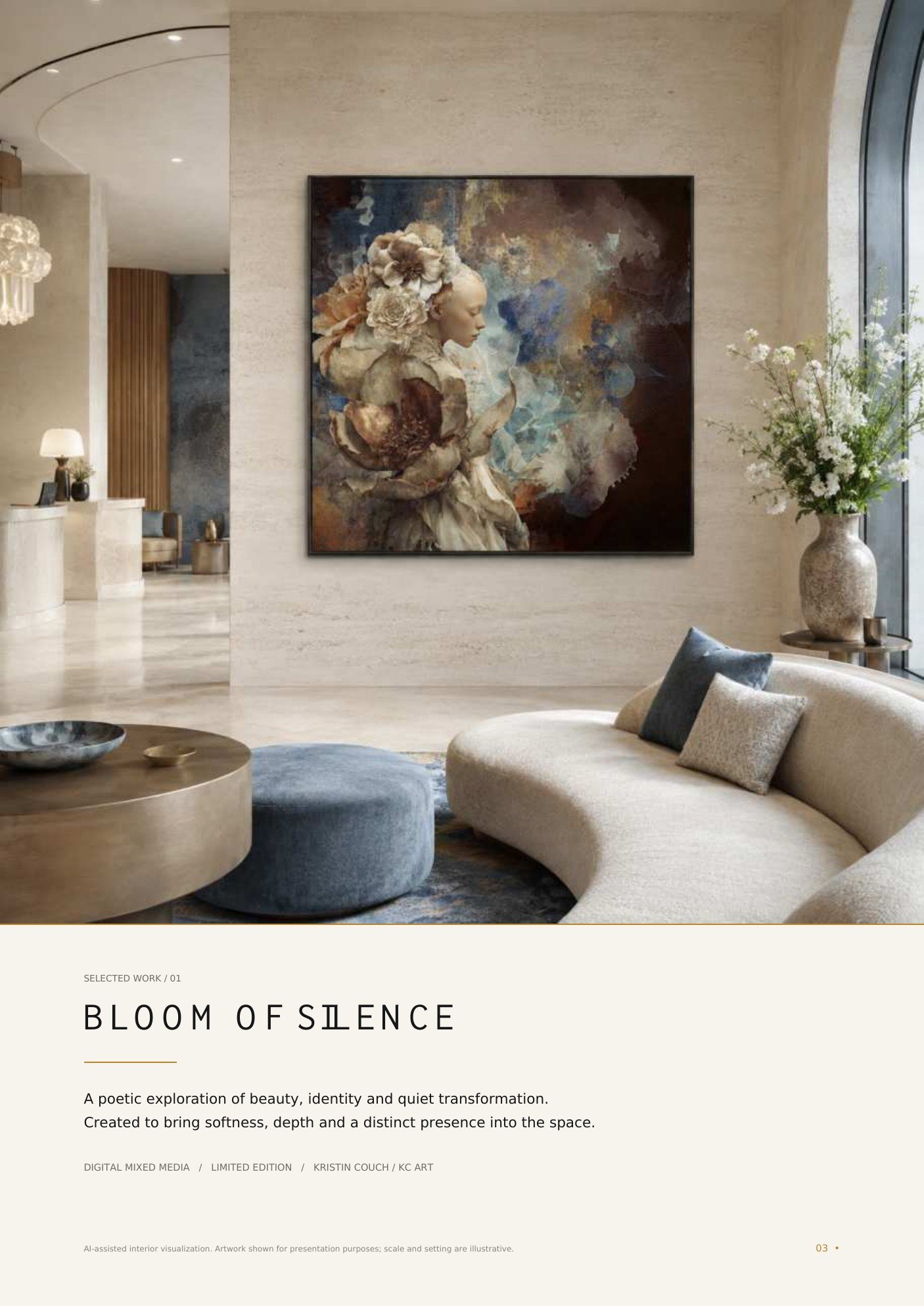 A luxurious modern living room with a beige curved sofa topped with cushions, a circular wooden coffee table, a large painting of a woman with flowers on her head on a beige wall, and a vase with white flowers near a large window.