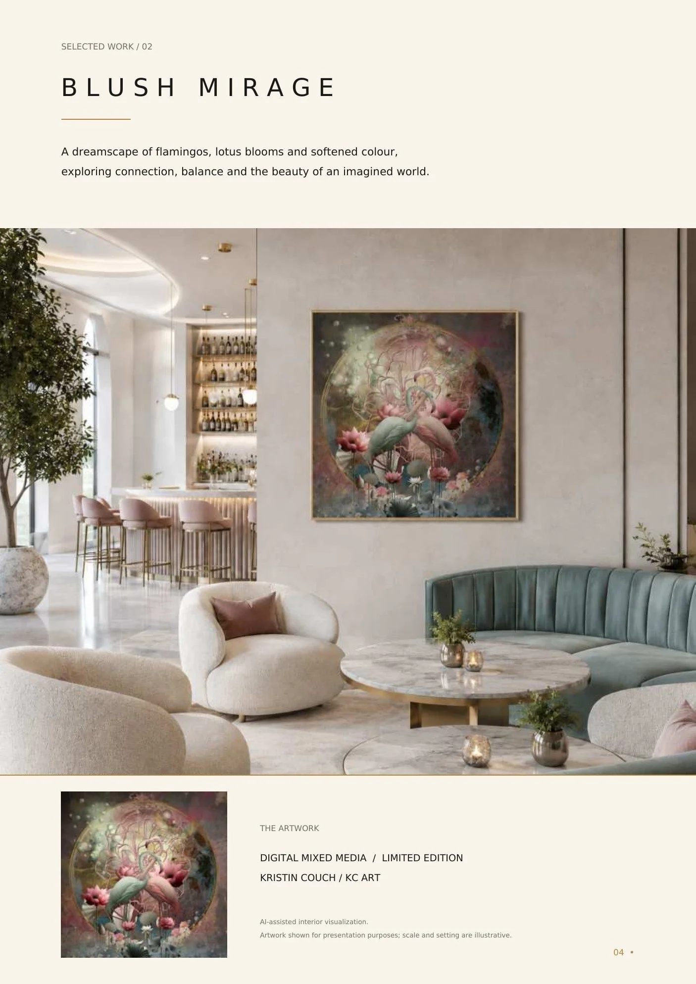 Interior of a modern, elegant lounge with white walls and pastel furniture, large artwork of a flamingo and lotus flowers, a bar in the background with bottles and glasses, and plants decorating the space.