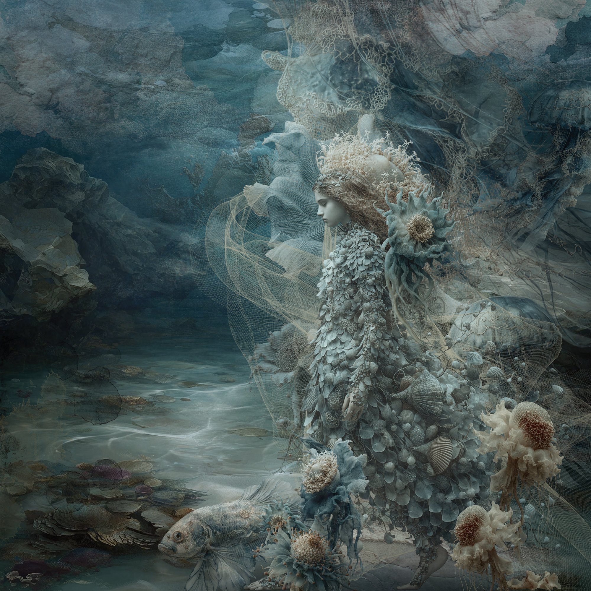 Surreal ocean-inspired artwork of a woman formed from shells, coral, and sea textures standing in shallow water, surrounded by ethereal marine elements and soft blue tones.