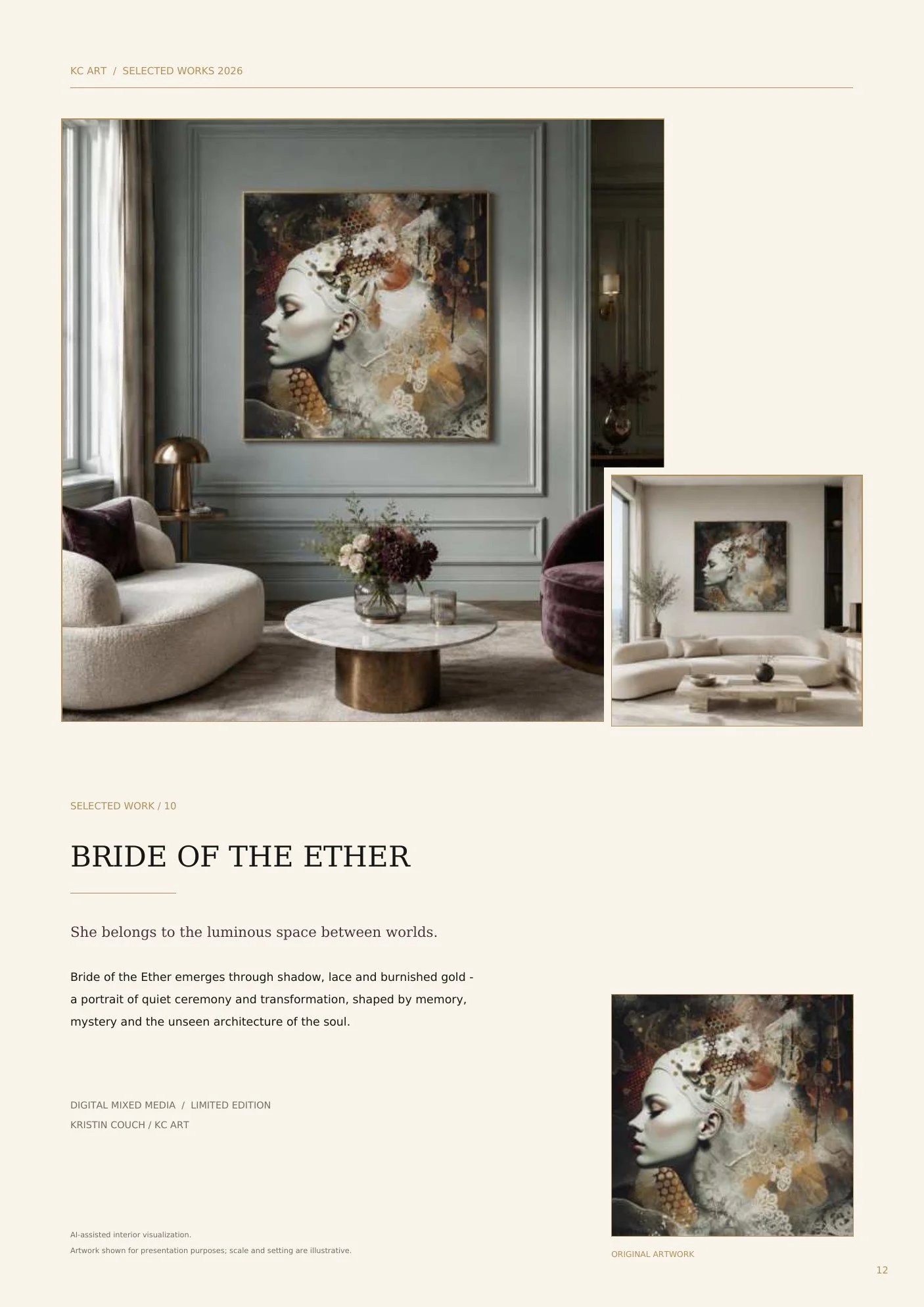 Interior of a living room with modern decor, featuring abstract portrait artwork of a woman with intricate headpiece, positioned on a light gray wall, surrounded by plush seating and elegant furnishings.