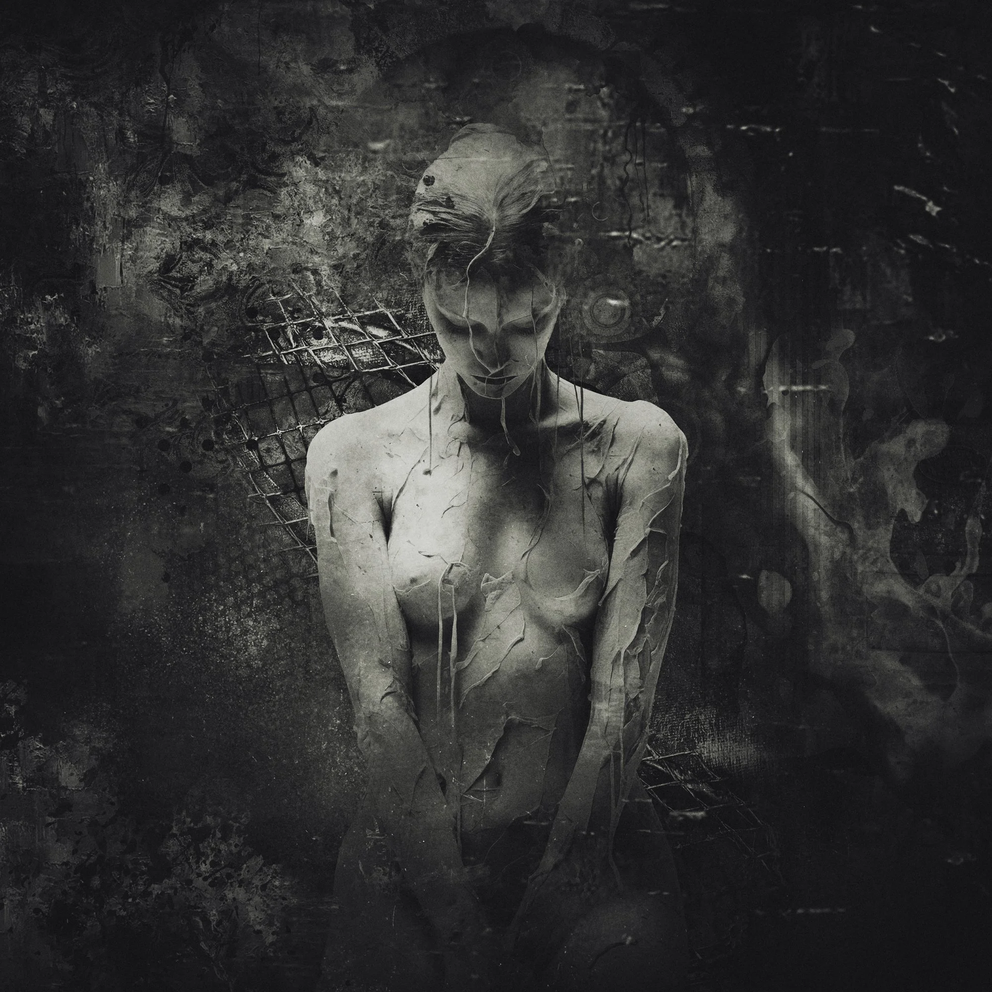 Artistic monochrome depiction of a human figure blended with abstract textures and patterns, suggesting themes of decay or transformation.