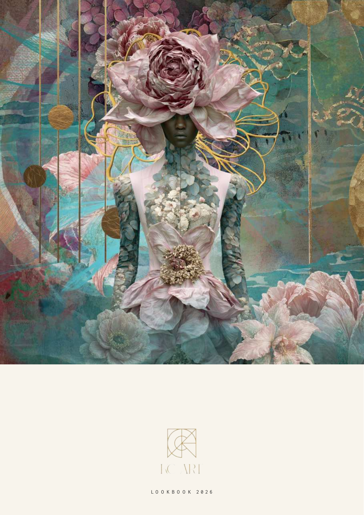 A fashion model wears a floral headdress and gown, positioned against a colorful, artistic background with abstract flowers and gold accents, as part of a 2026 lookbook by KC ART.